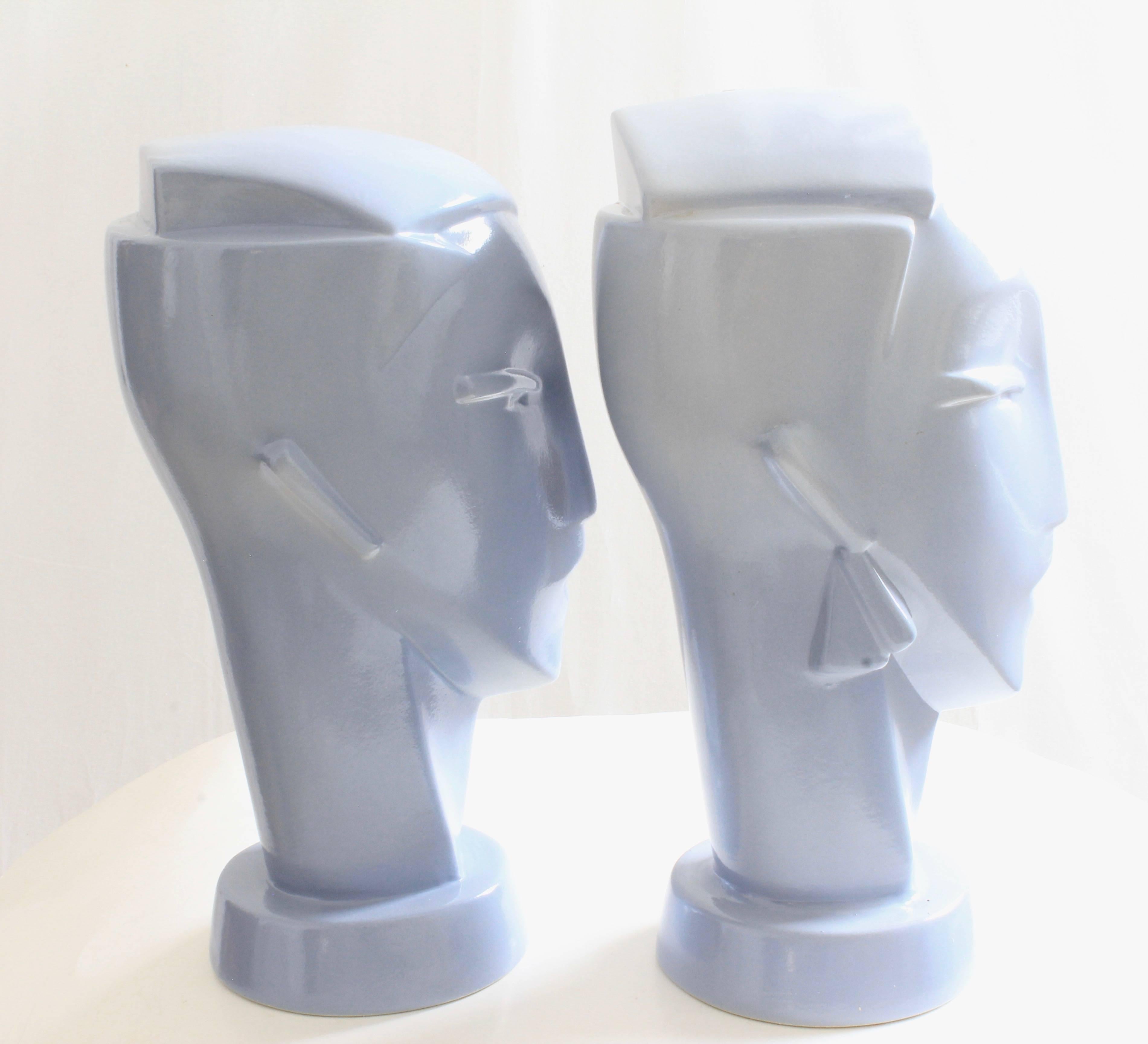 Gray Art Deco Fashion Sculptures Set of 2 Modernist Heads Lindsey B Style Retro 80s 