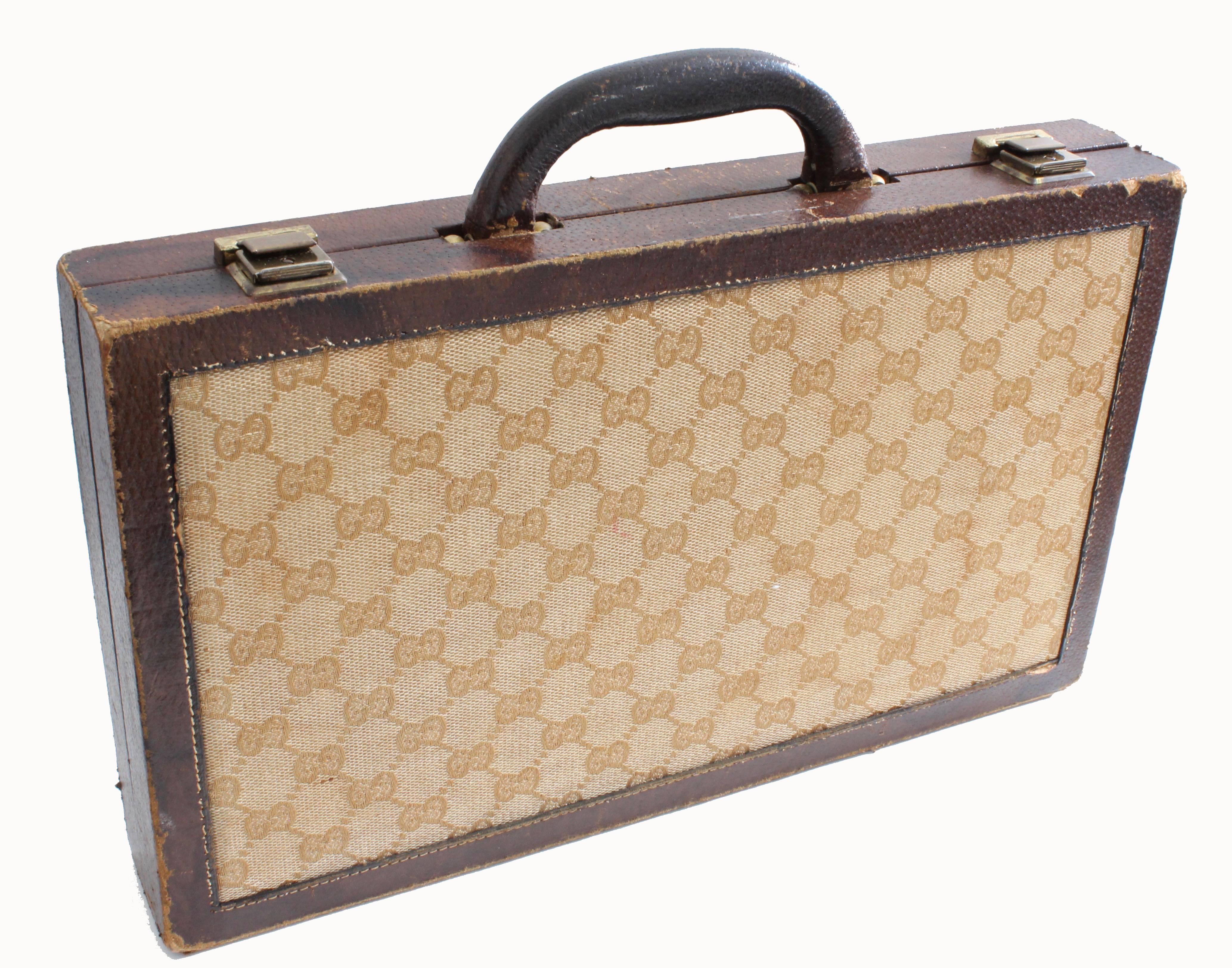 Beige Vintage Gucci Travel Backgammon Set Rare GG Logo Canvas Leather Trims 1960s
