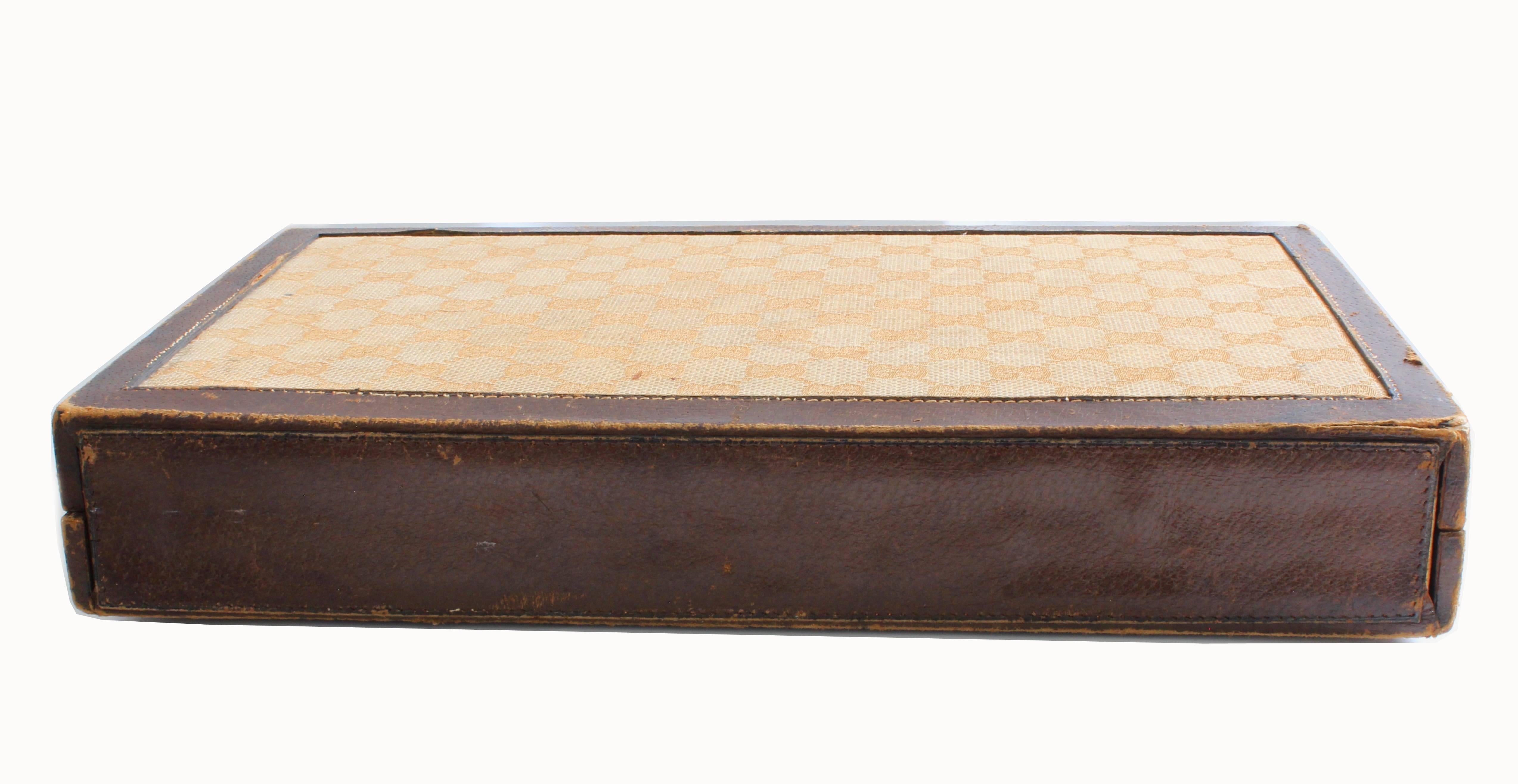 Beige Vintage Gucci Travel Backgammon Set Rare GG Logo Canvas Leather Trim 1960s 