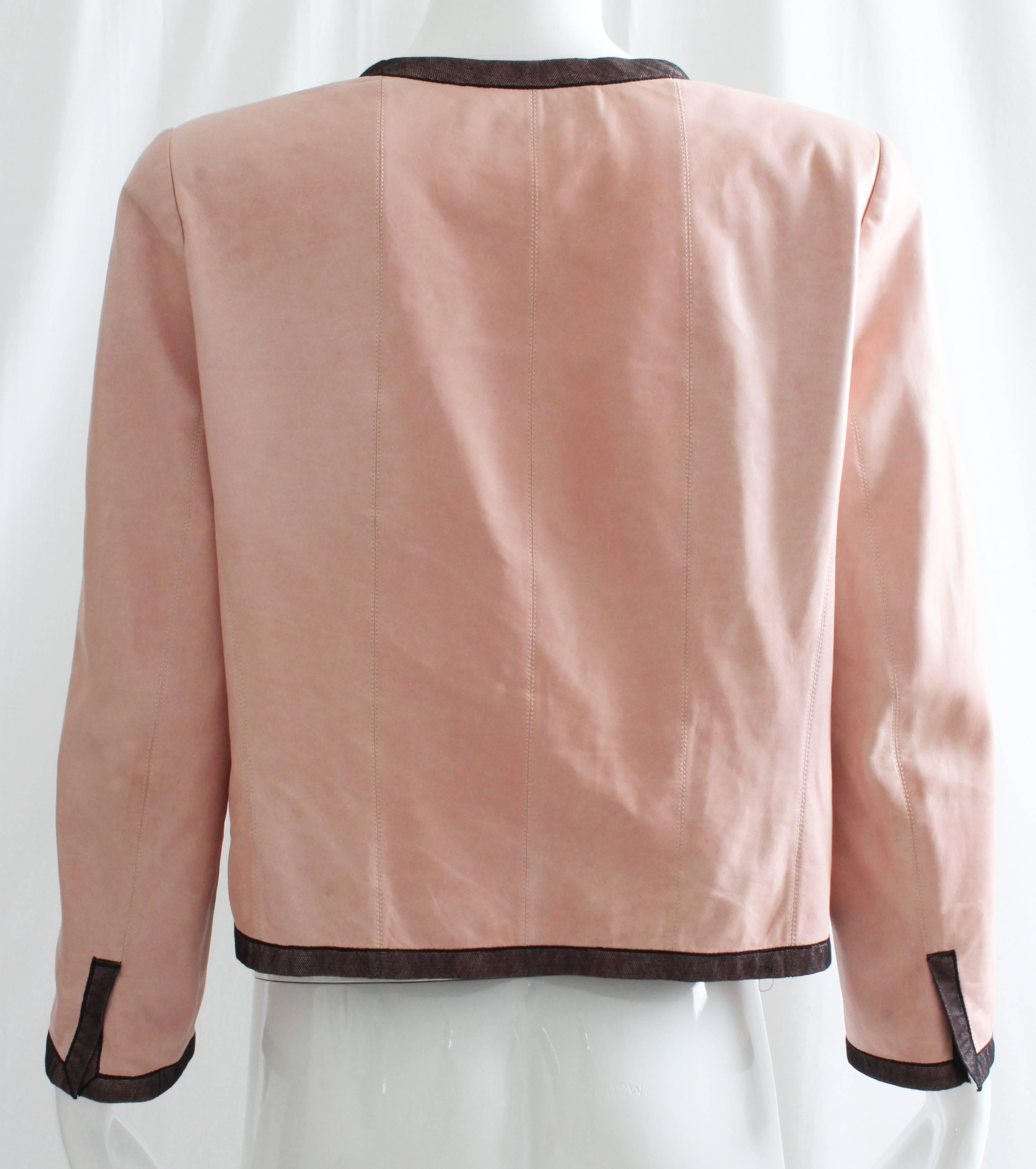 Brown Rare Chanel Pink Lambskin Leather Jacket Lace Trim 03P Runway Collection Size 40