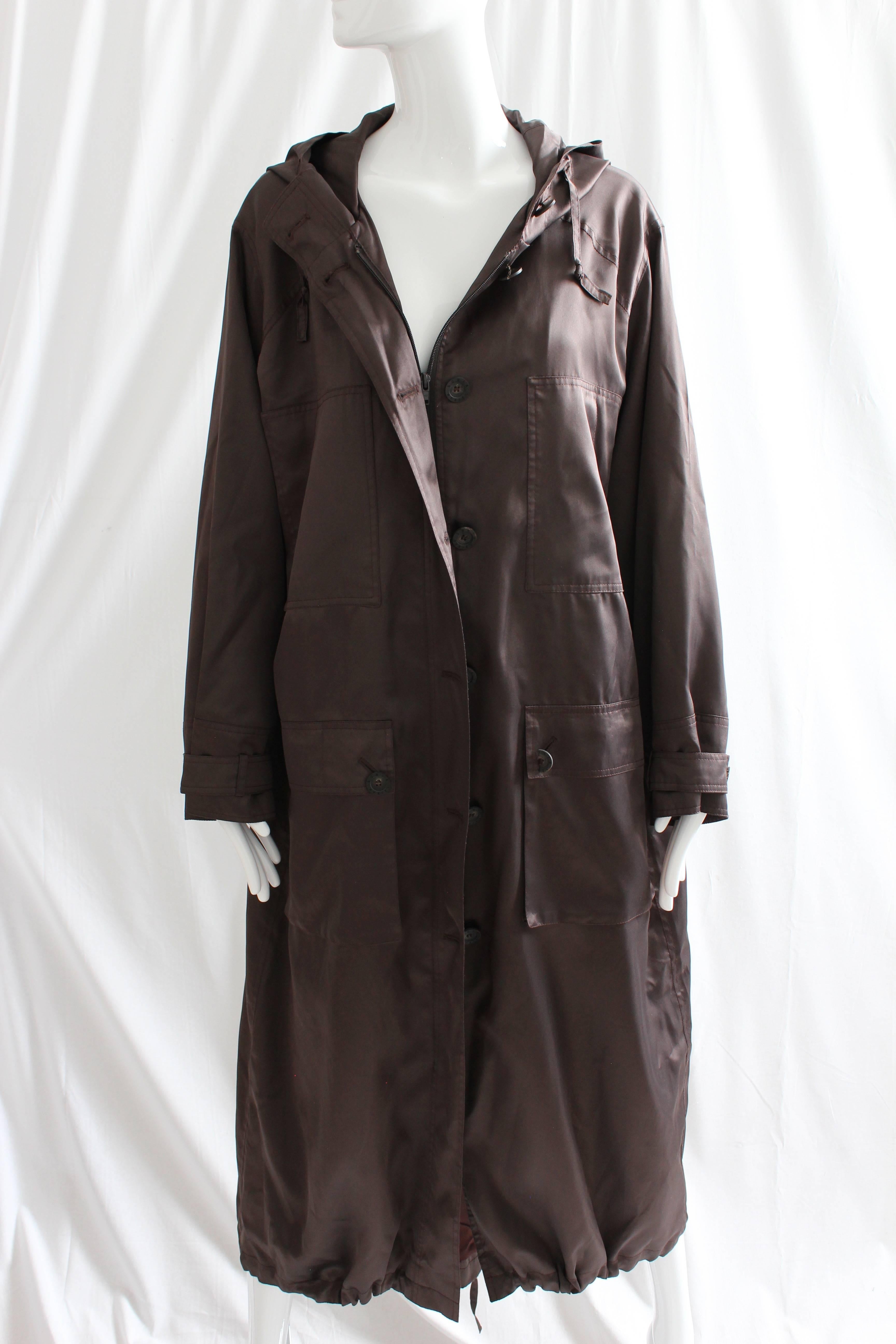 Sonia Rykiel Brown Satin Trench Coat with Hood, 1990s  7