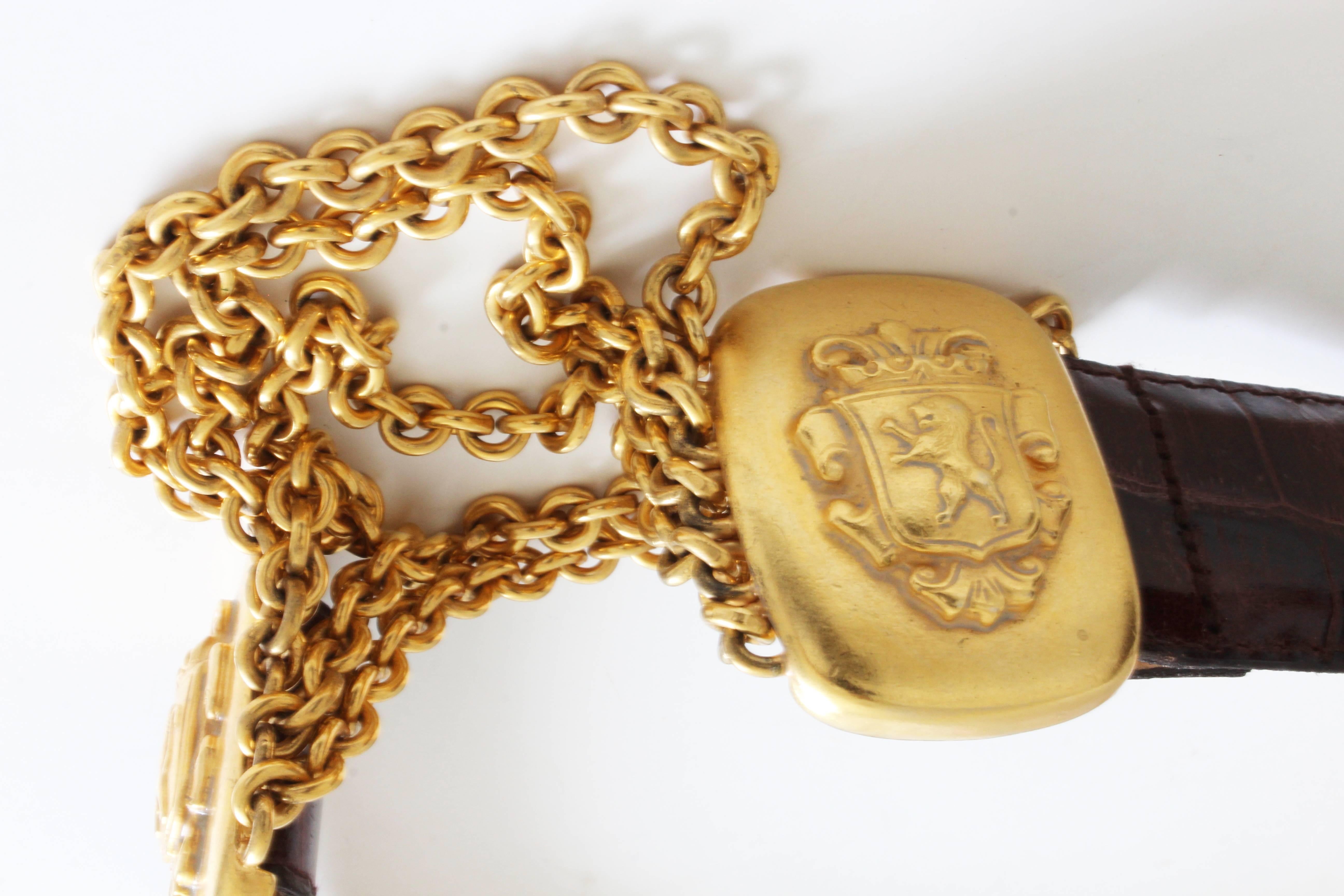 Brown Ben Amun Isaac Manevitz Croc Embossed Leather Belt Lions Gold Chains Sz M