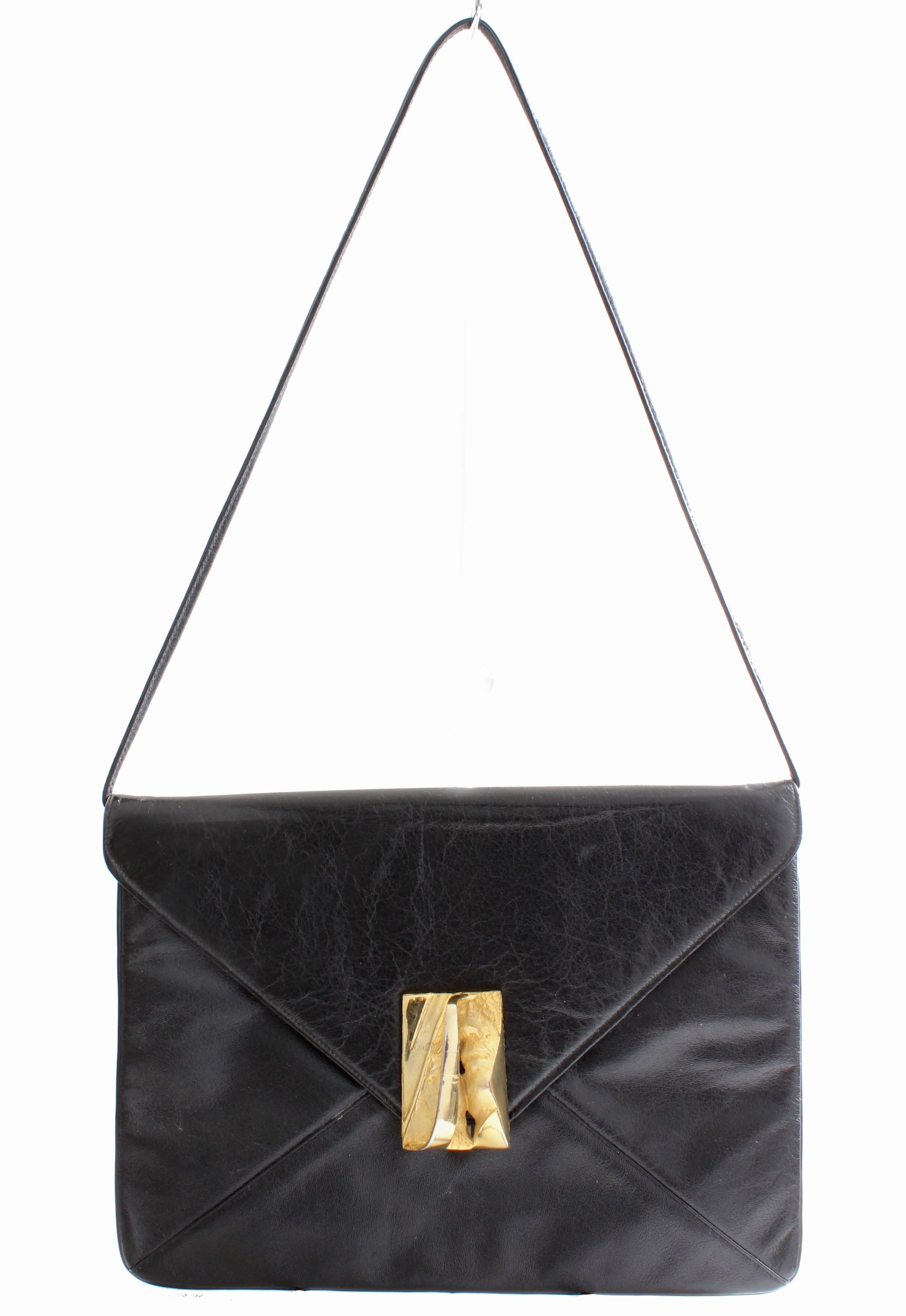 Rosenfeld Black Leather Envelope Clutch/Shoulder Bag with Abstract Clasp, 1960s In Good Condition In Port Saint Lucie, FL