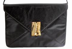 Rosenfeld Black Leather Envelope Clutch/Shoulder Bag with Abstract Clasp, 1960s