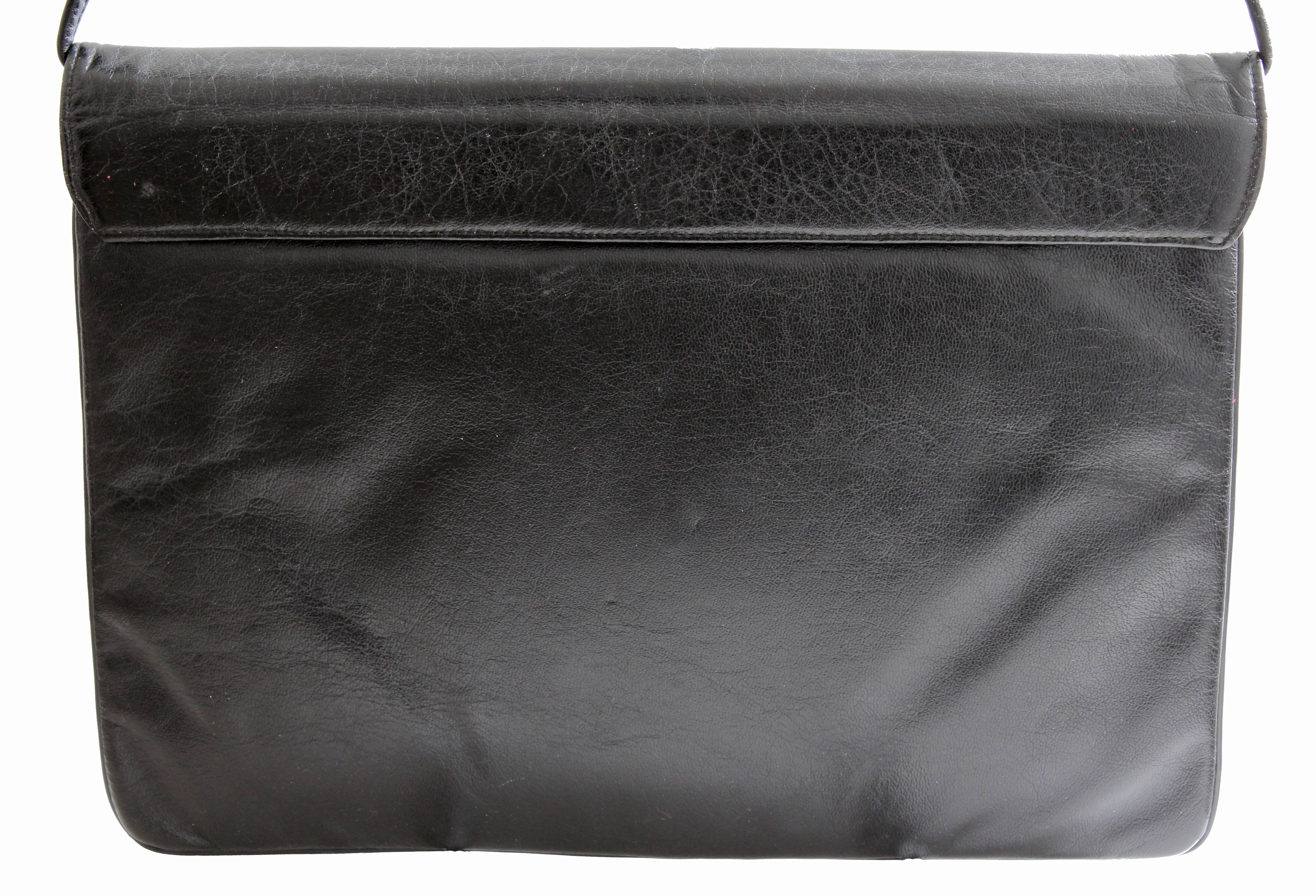 Women's Rosenfeld Black Leather Envelope Clutch/Shoulder Bag with Abstract Clasp, 1960s