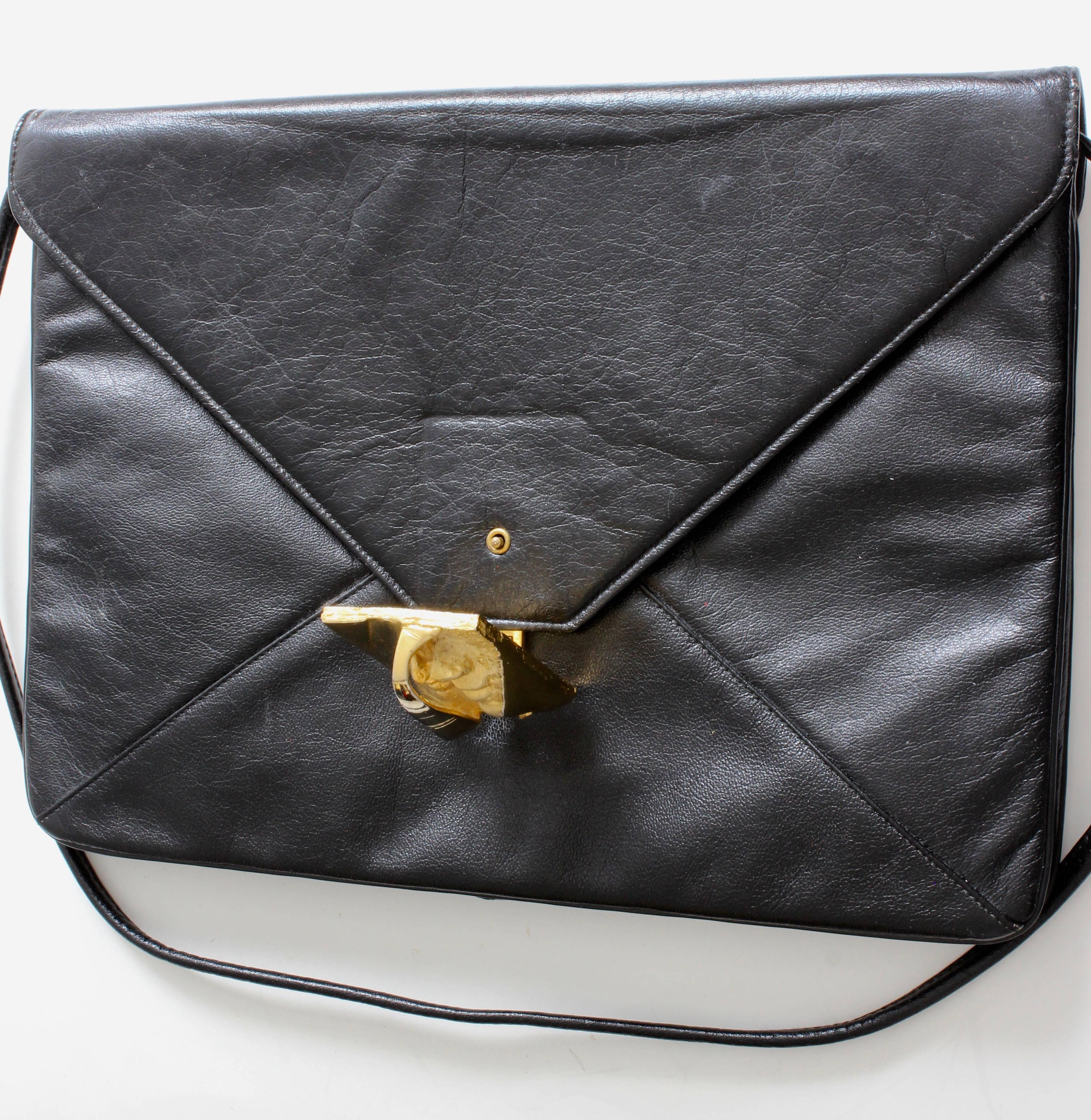 Rosenfeld Black Leather Envelope Clutch/Shoulder Bag with Abstract Clasp, 1960s 3