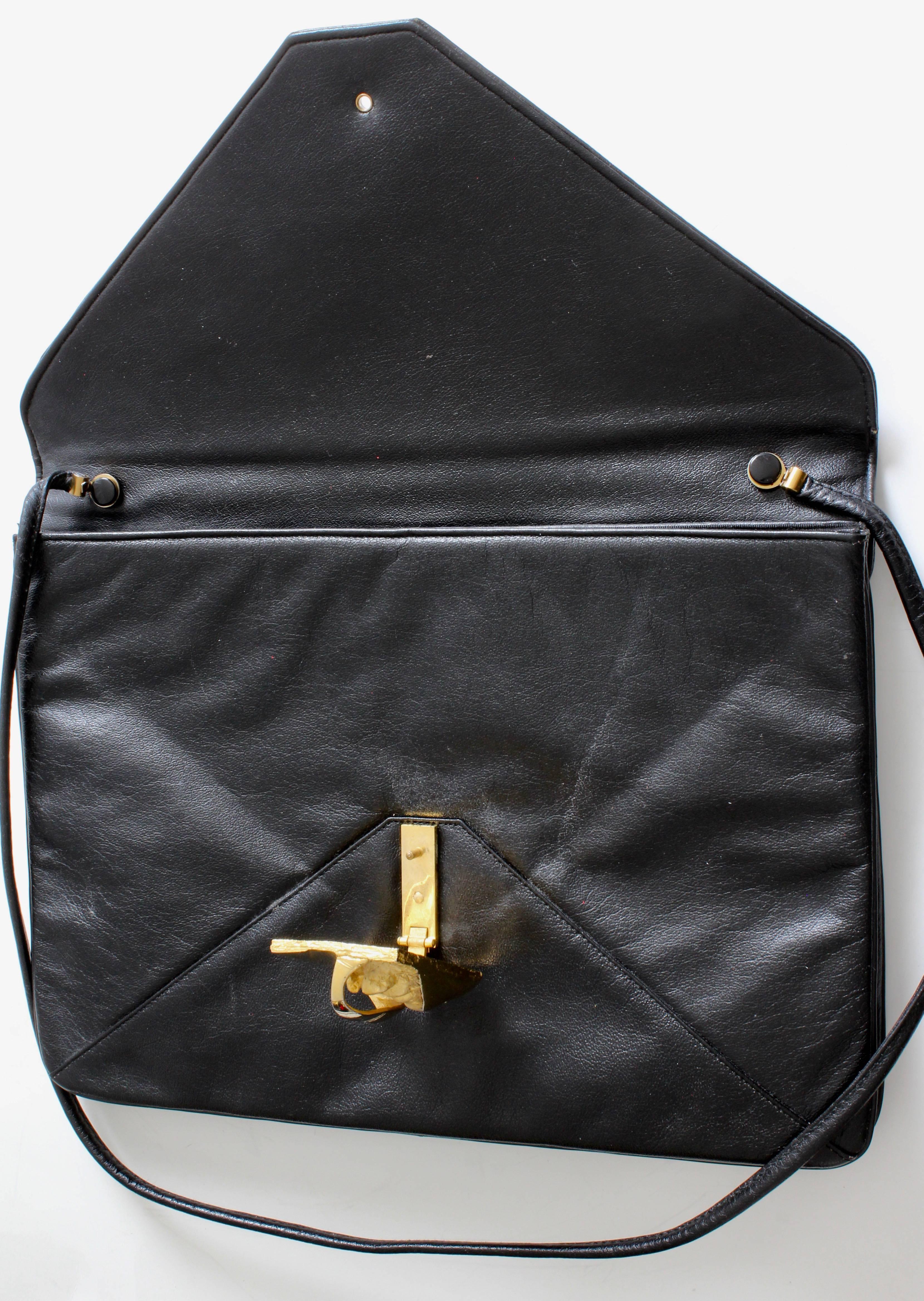 Rosenfeld Black Leather Envelope Clutch/Shoulder Bag with Abstract Clasp, 1960s 4