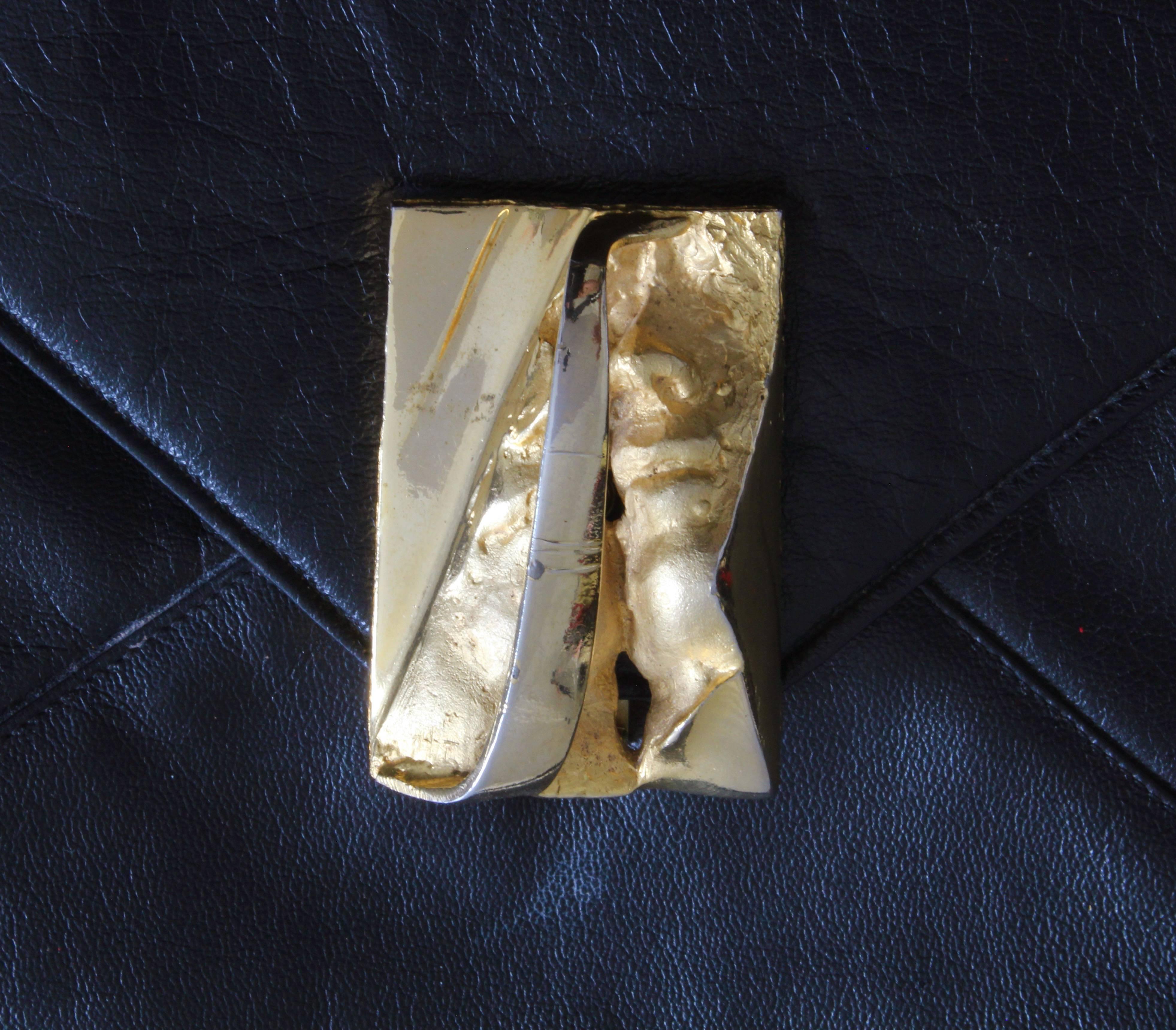 Rosenfeld Black Leather Envelope Clutch/Shoulder Bag with Abstract Clasp, 1960s 1