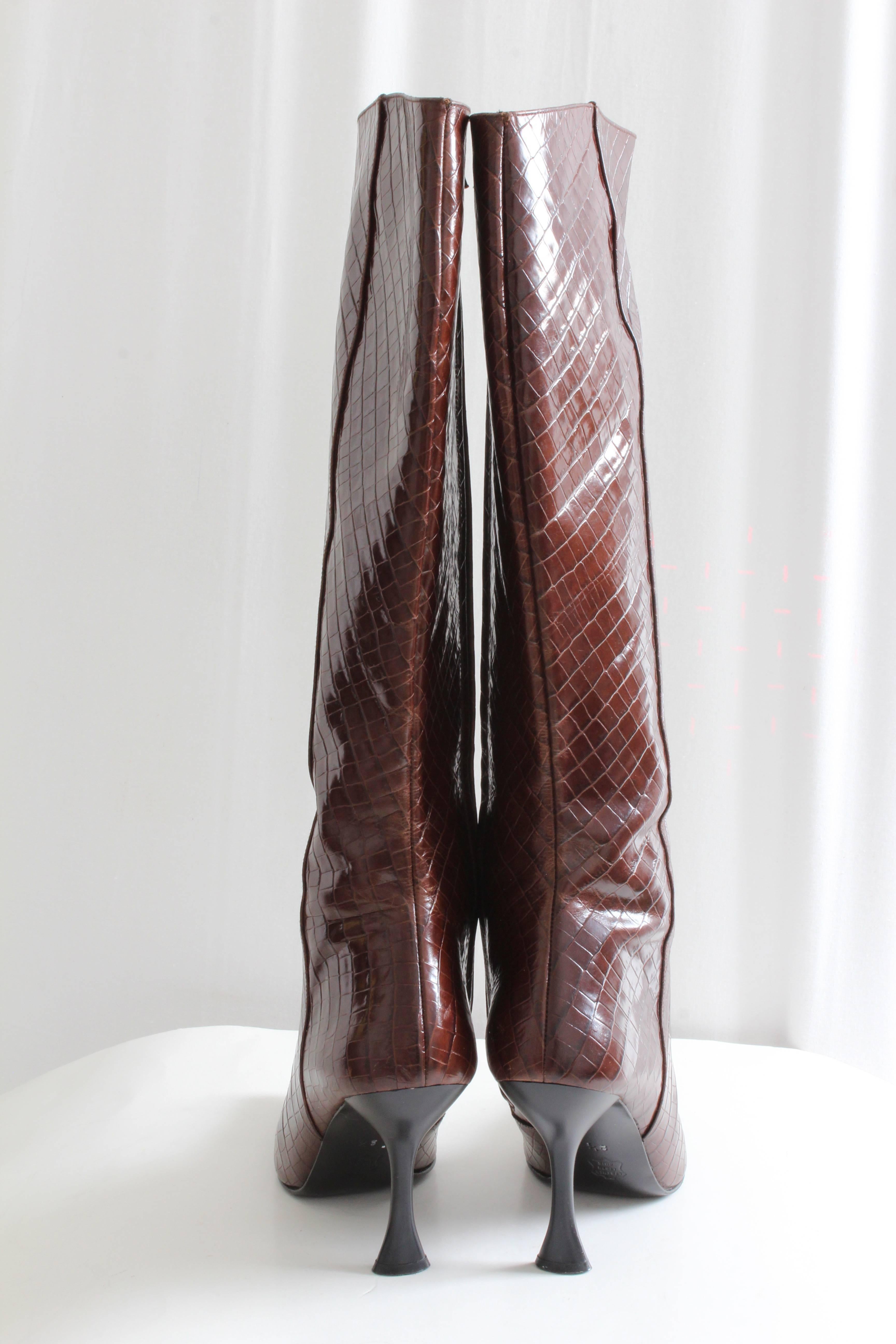 Brown Charles Jourdan Croc Embossed Glossy Leather Boots Knee High Size 8.5M