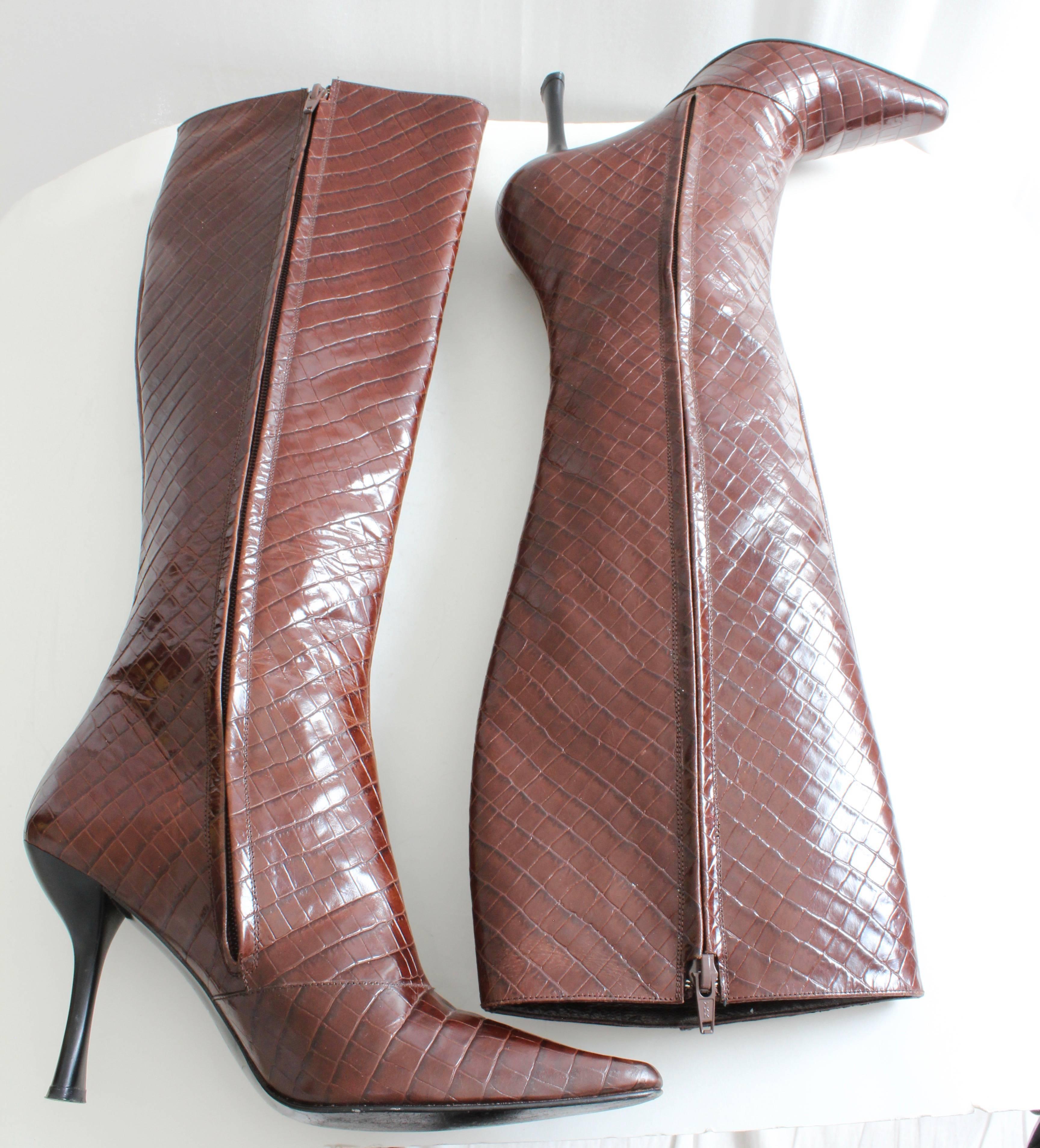 Women's Charles Jourdan Croc Embossed Glossy Leather Boots Knee High Size 8.5M