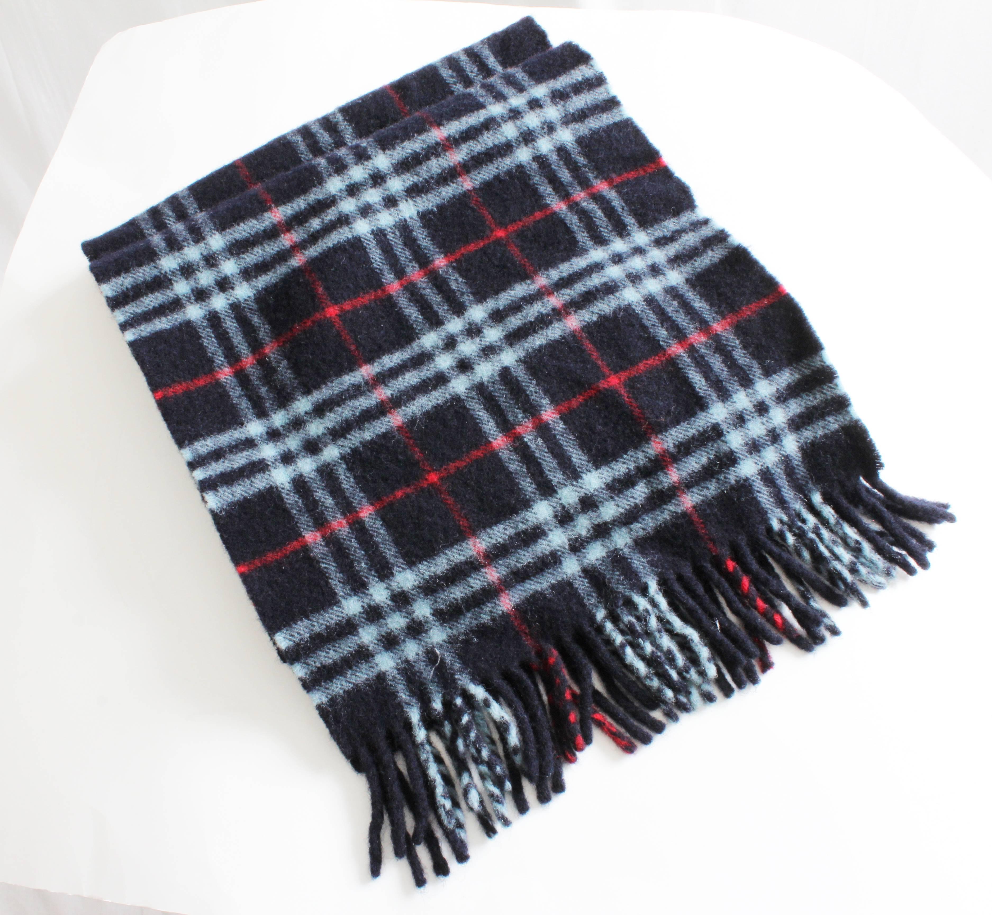Black Burberrys London Lambswool Scarf Blue Red White Plaid Check with Fringe