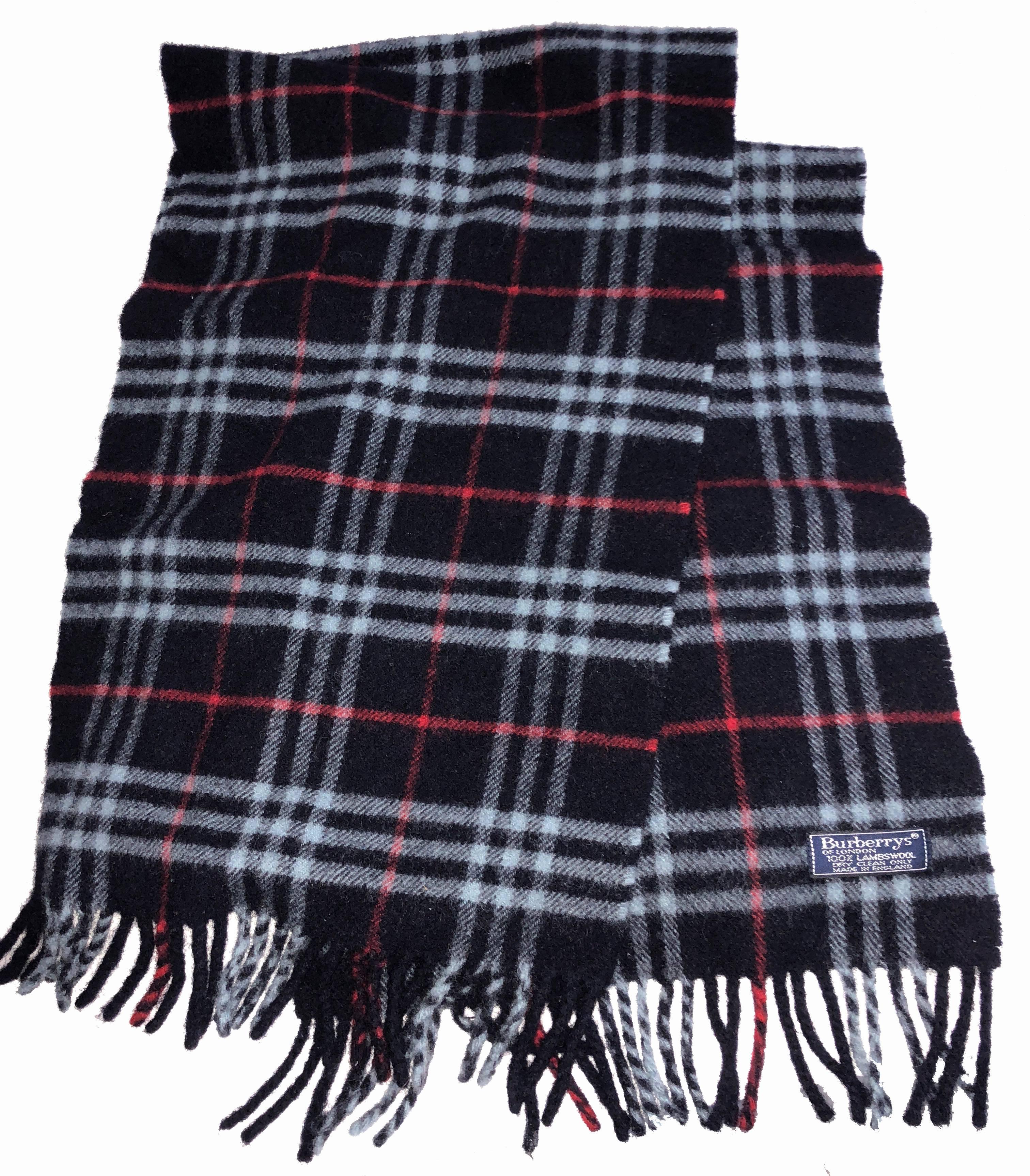Women's or Men's Burberrys London Lambswool Scarf Blue Red White Plaid Check with Fringe