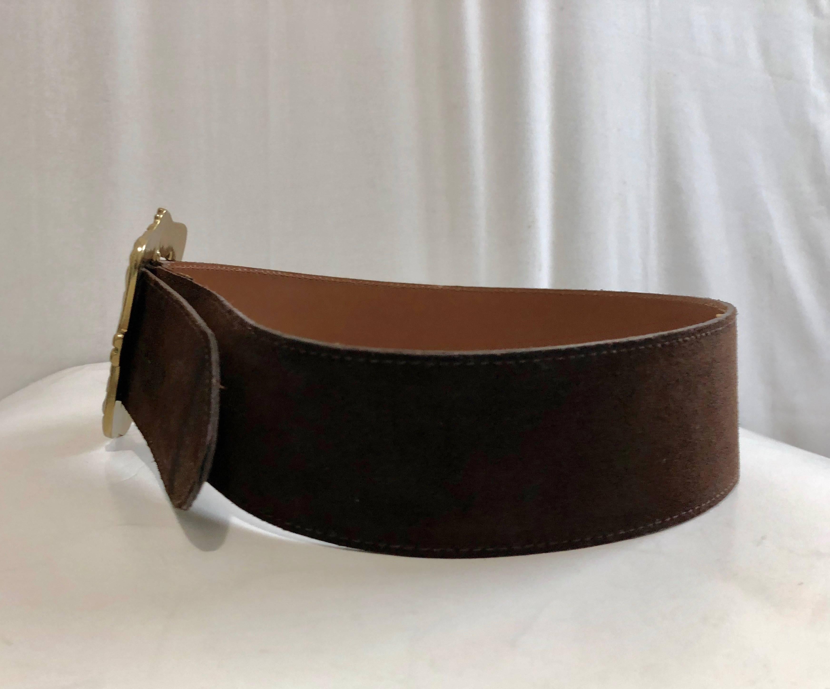 Black Mulberry Company England Wide Belt Large Gold Buckle Brown Suede Leather Sz 32