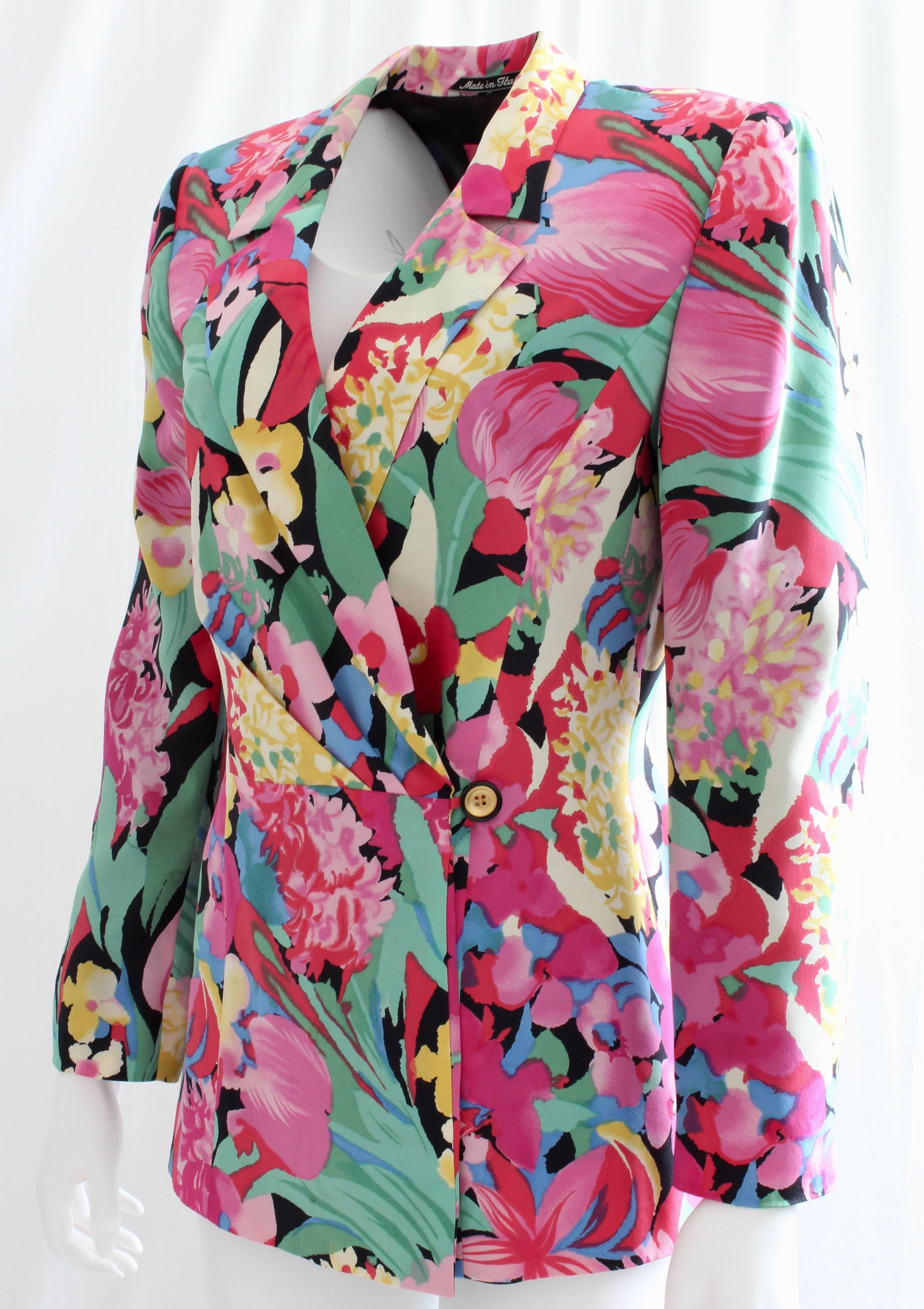 Ungaro Silk Jacket Floral Print Blazer Bold Abstract Multicolor Size M 1990s  In Good Condition In Port Saint Lucie, FL