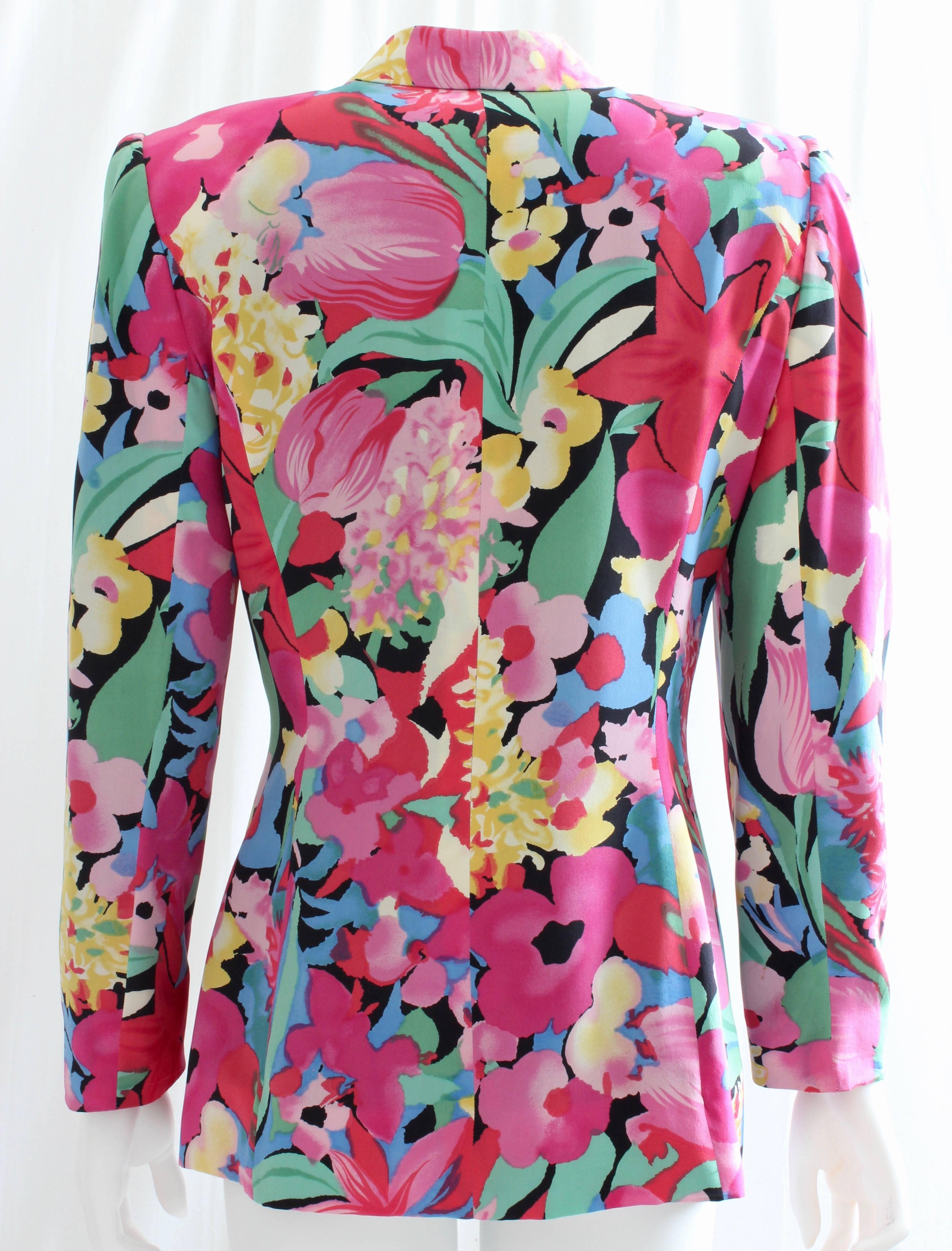 Women's Ungaro Silk Jacket Floral Print Blazer Bold Abstract Multicolor Size M 1990s 