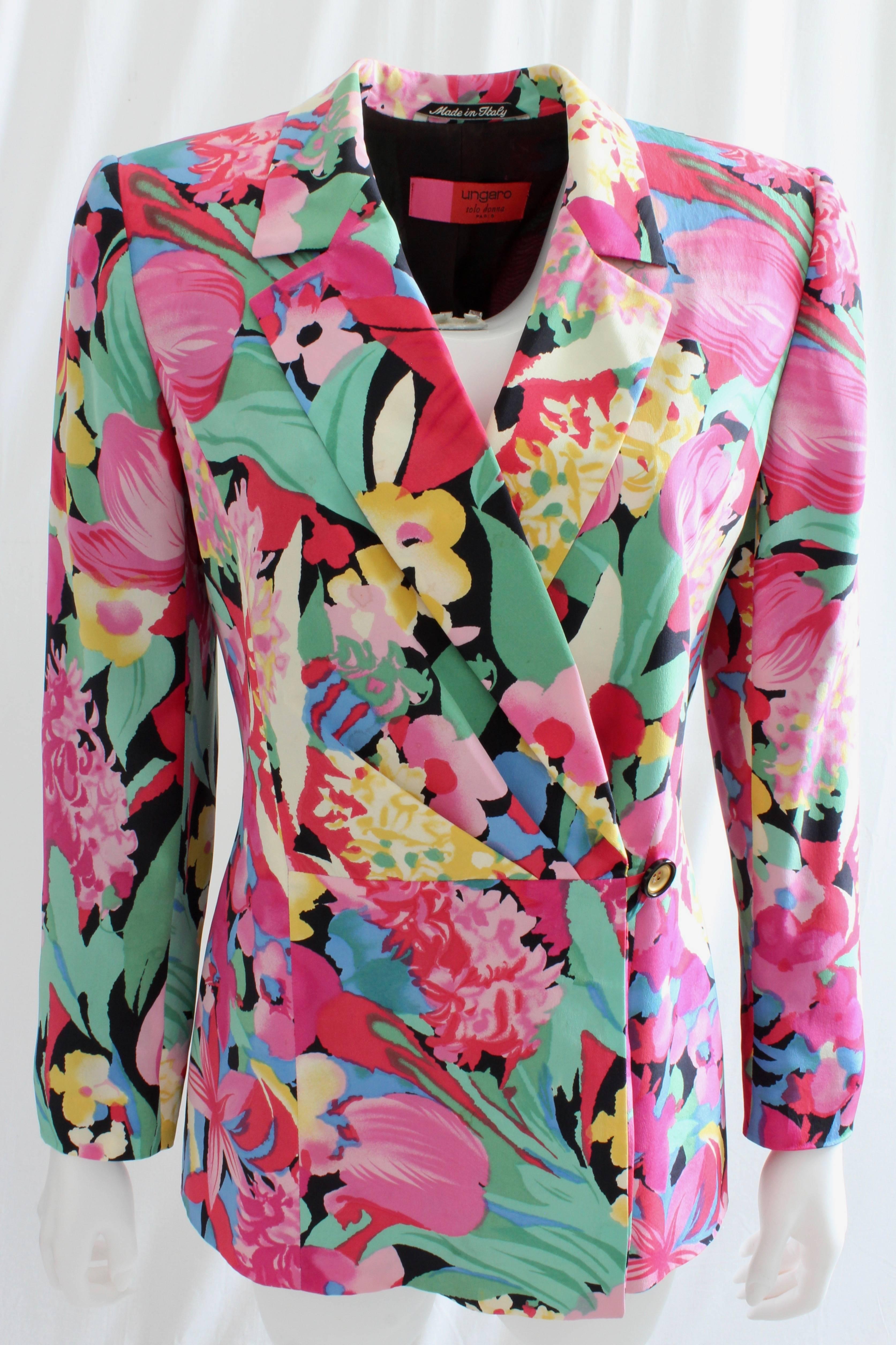 Gray Ungaro Silk Jacket Floral Print Blazer Bold Abstract Multicolor Size M 1990s 