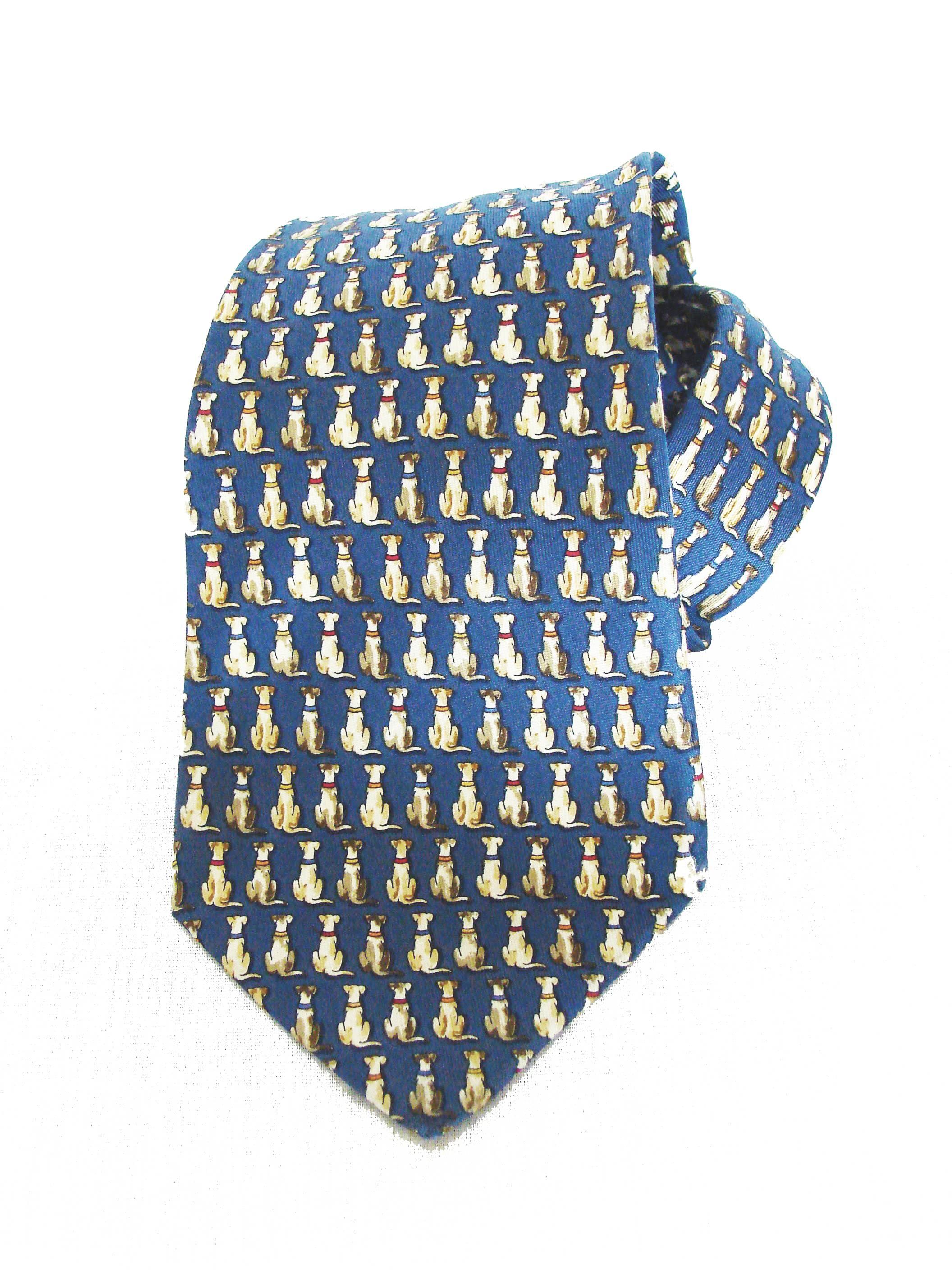 Salvatore Ferragamo Whimsical Silk Neck Tie with Sitting Dogs 1990s In Good Condition In Port Saint Lucie, FL