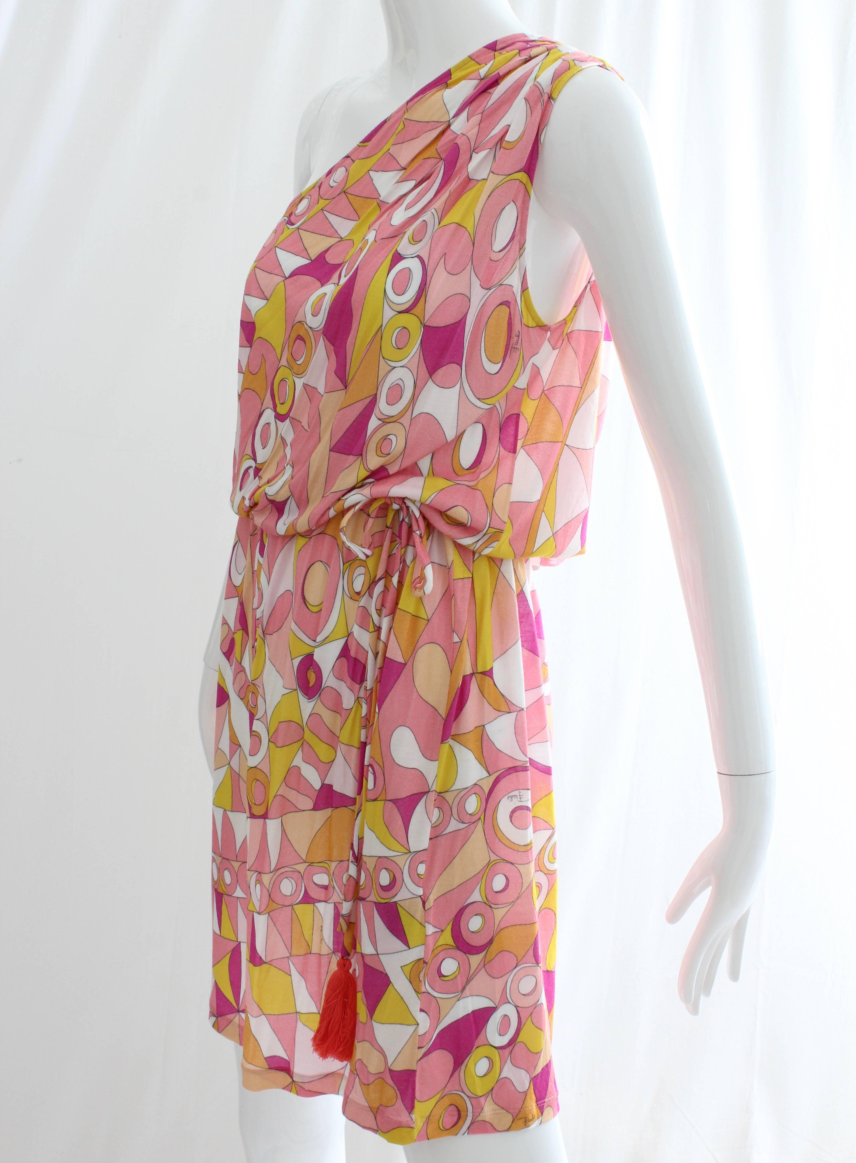 Beige Emilio Pucci Pink Multicolor Print One Shoulder Dress Romper 