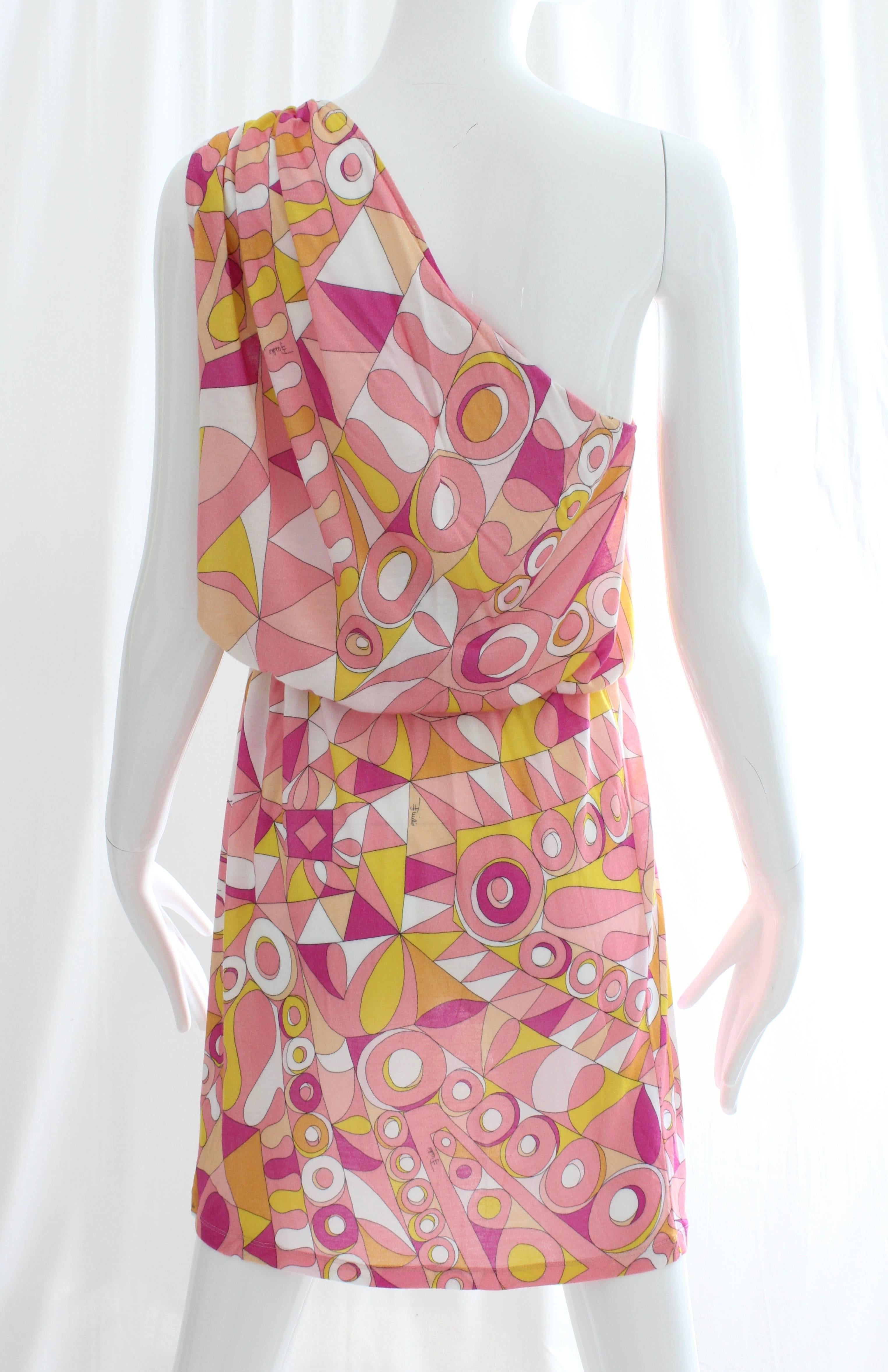 Emilio Pucci Pink Multicolor Print One Shoulder Dress Romper  In New Condition In Port Saint Lucie, FL