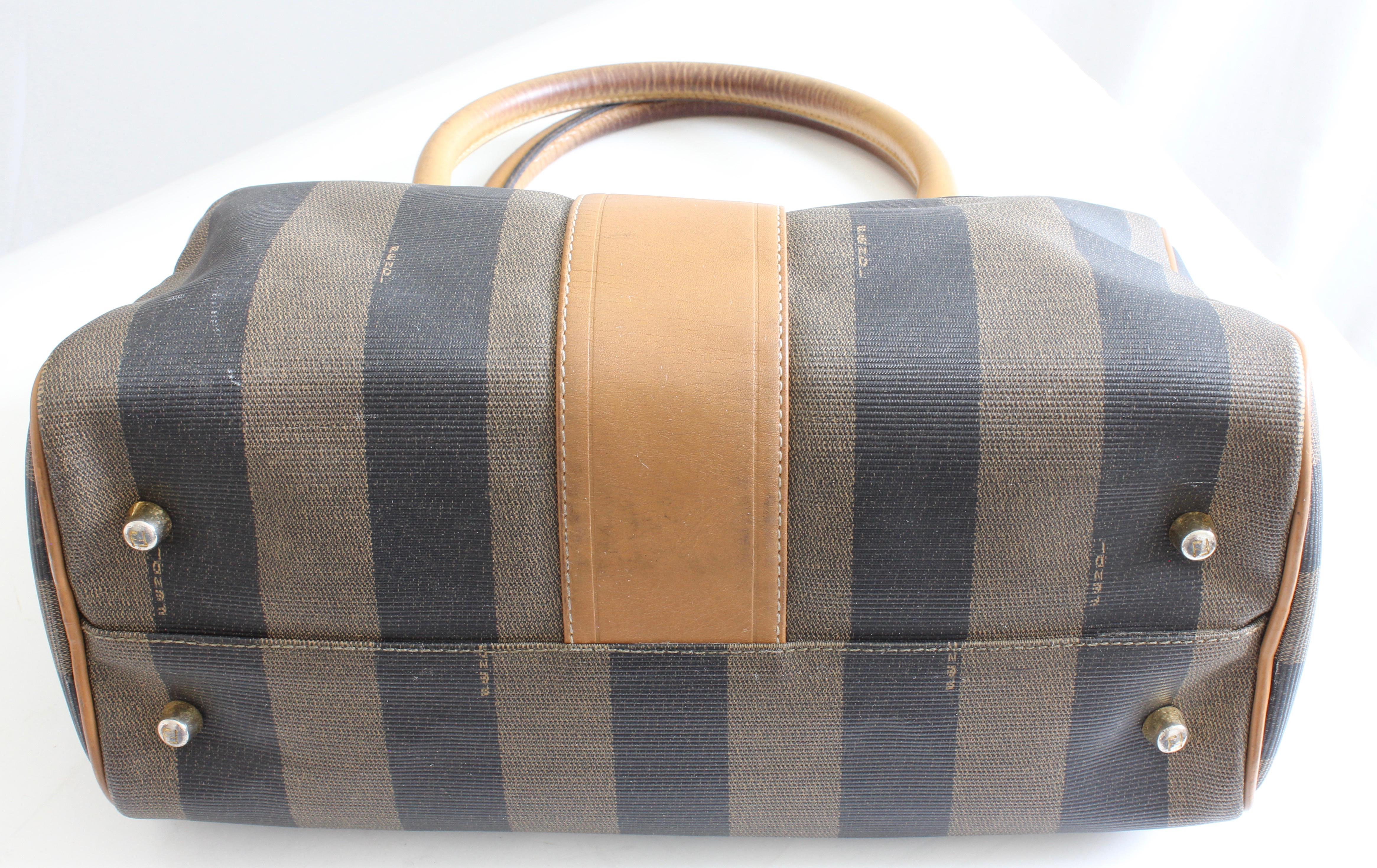 Brown Fendi Speedy Bag Tote Pequin Stripe Canvas with Leather Trim Vintage 80s 