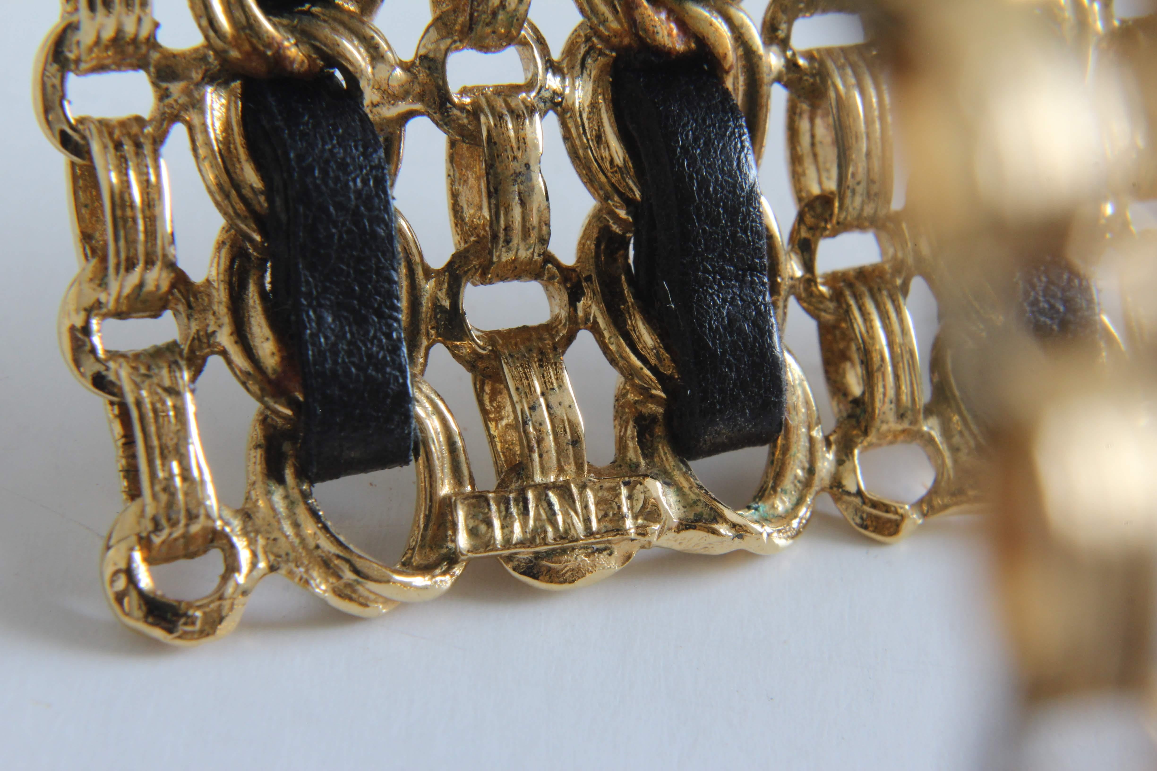 Chanel Vintage Gold Chain and Black Leather Wide Cuff Bracelet  7