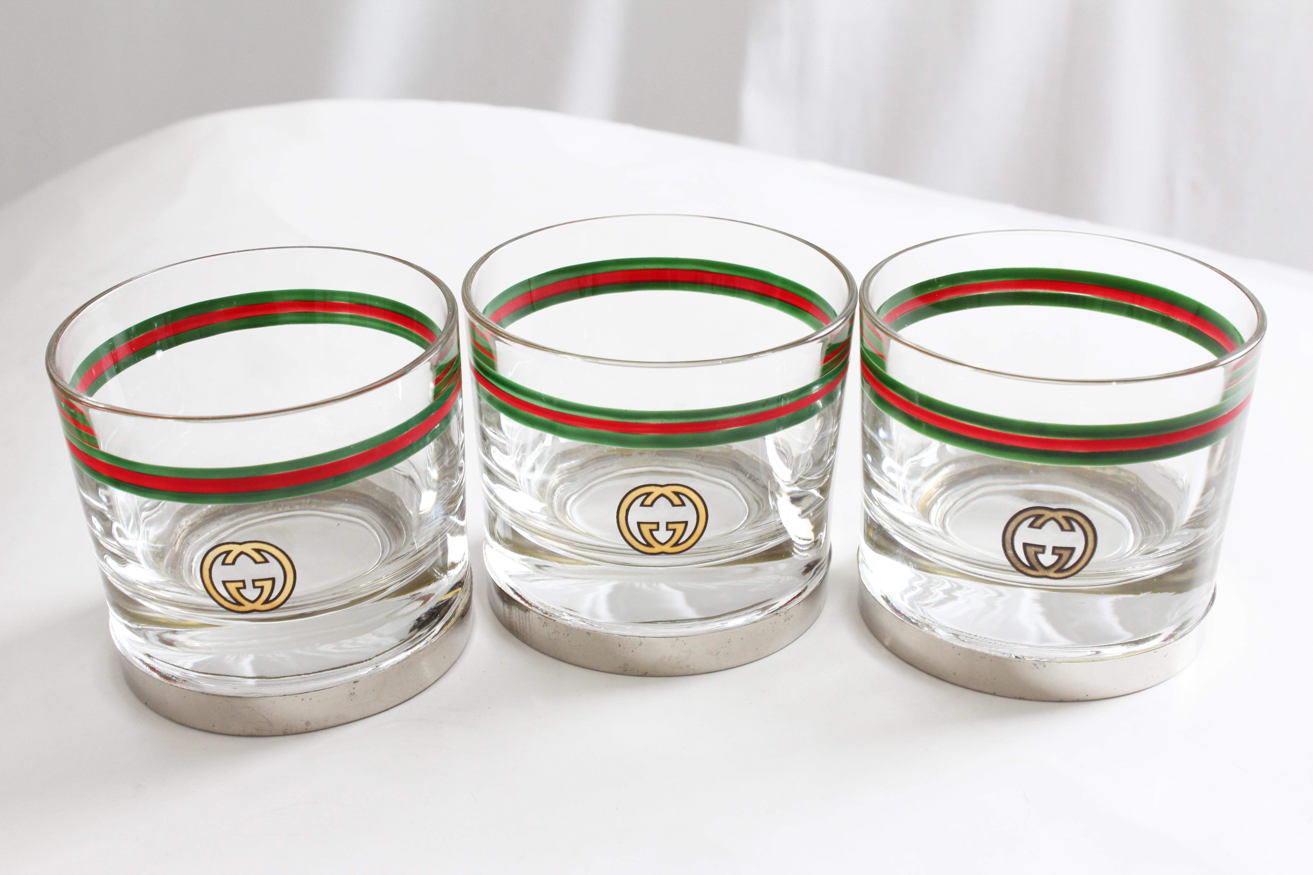 Rare Gucci Cocktail Glasses Barware Set of 3 with Silver Base Vintage 70s  In Good Condition In Port Saint Lucie, FL