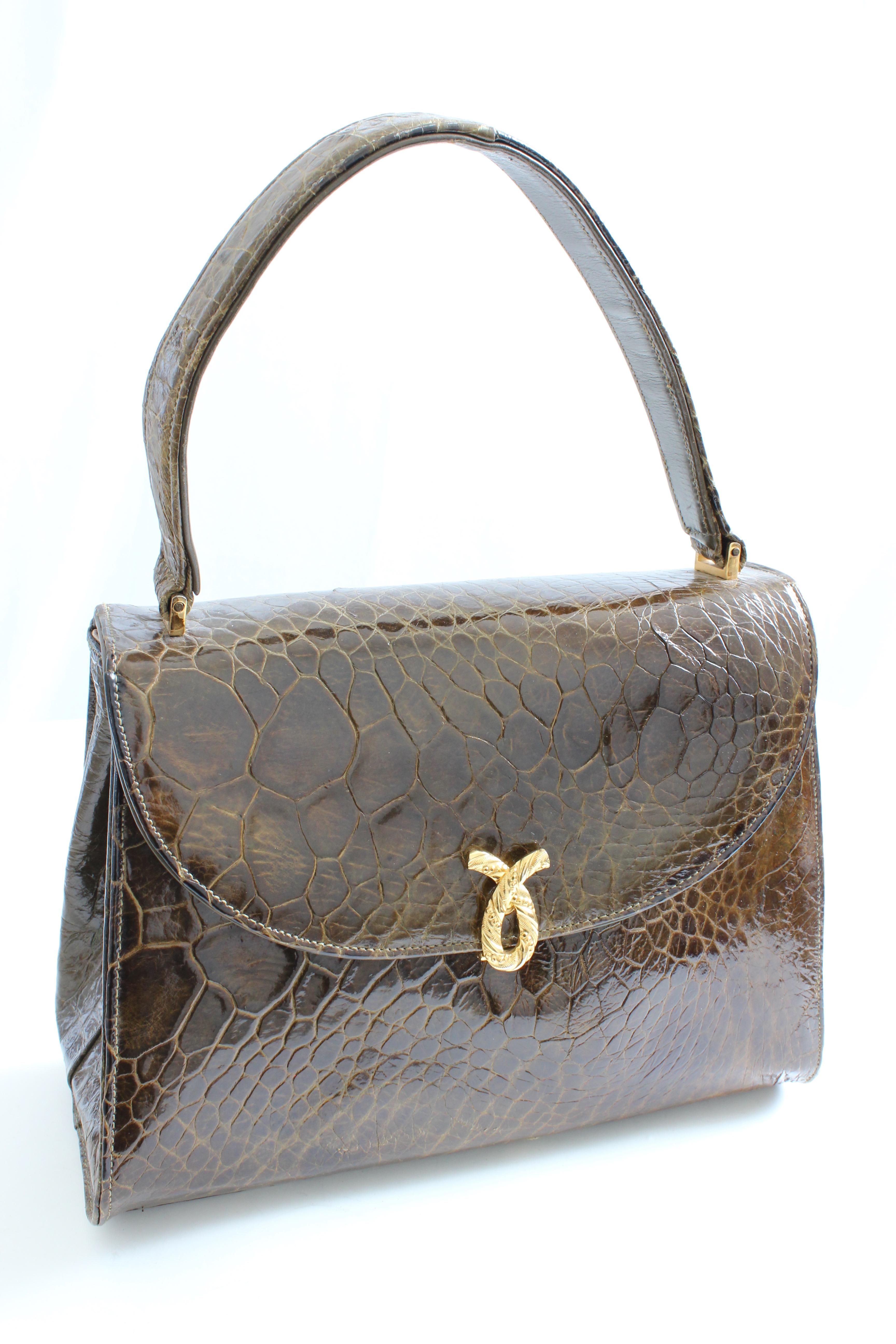 Gray Bellestone Top Handle Alligator Bag with Mirror and Coin Purse, 1950s