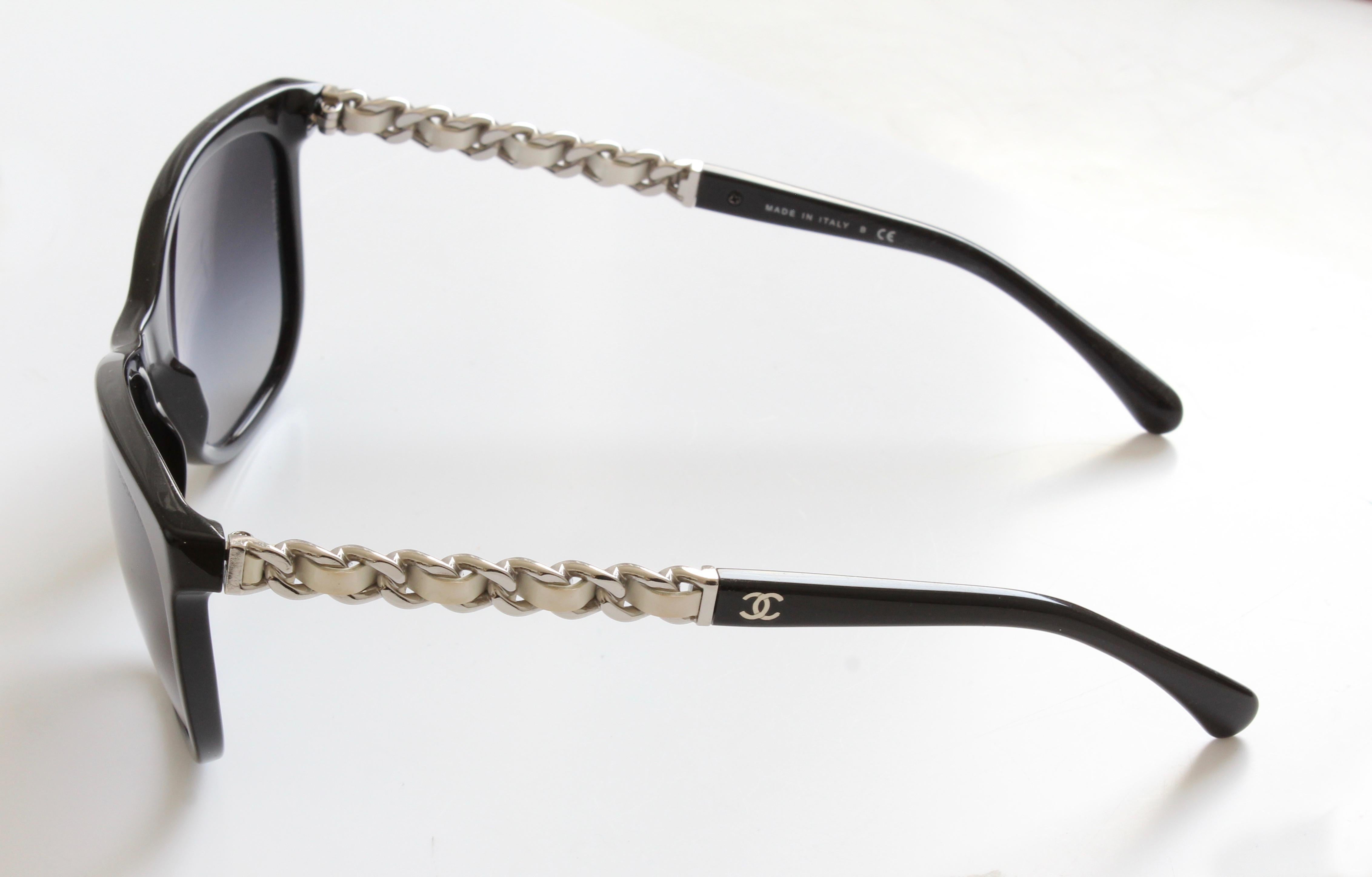 Gray Chanel Cat Eye Silver Chain White Leather Sunglasses with Case, 5260-Q 