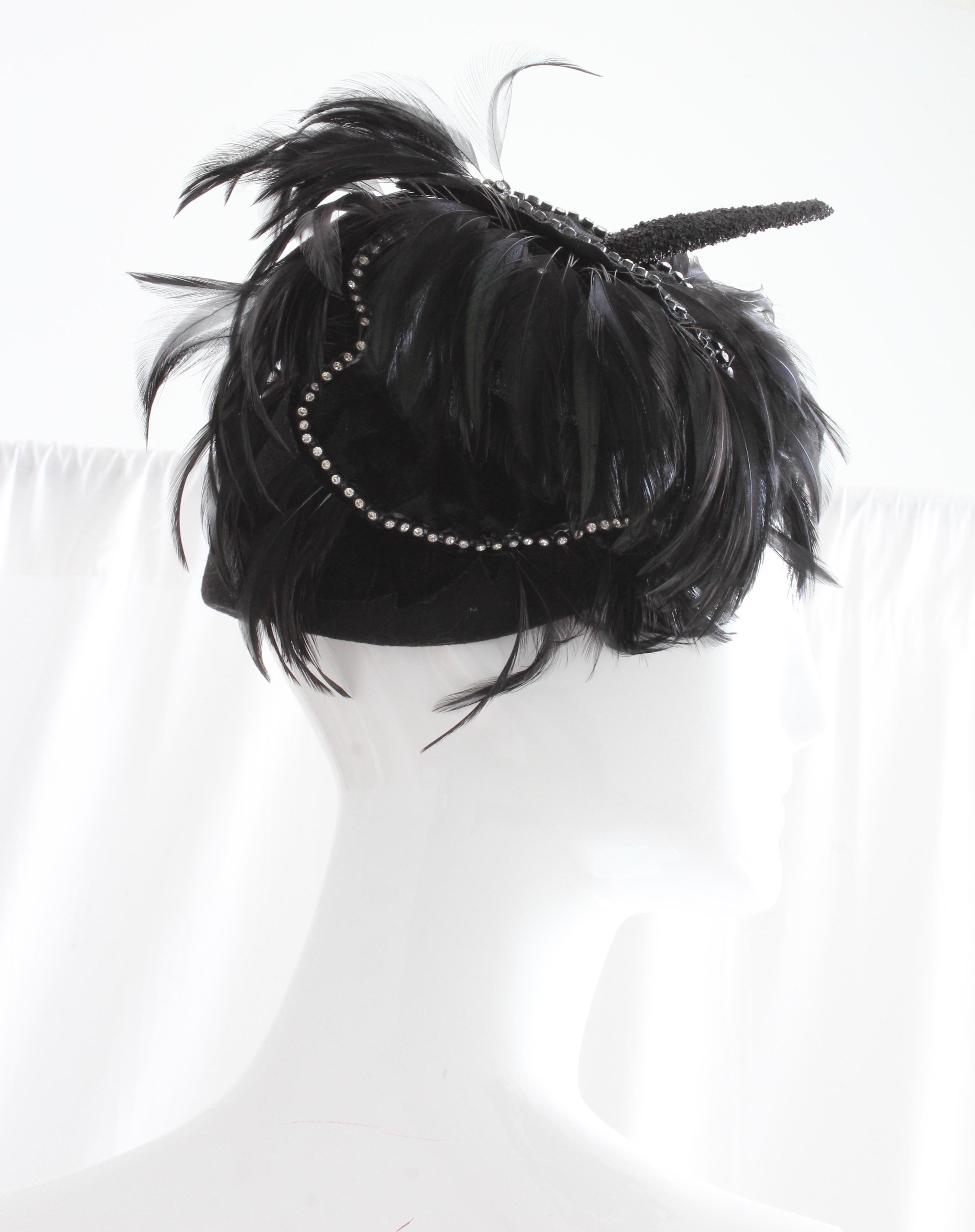 Jack McConnell Boutique Black Wool Clochette Hat with Feathers 1960s Bollman Hat 1