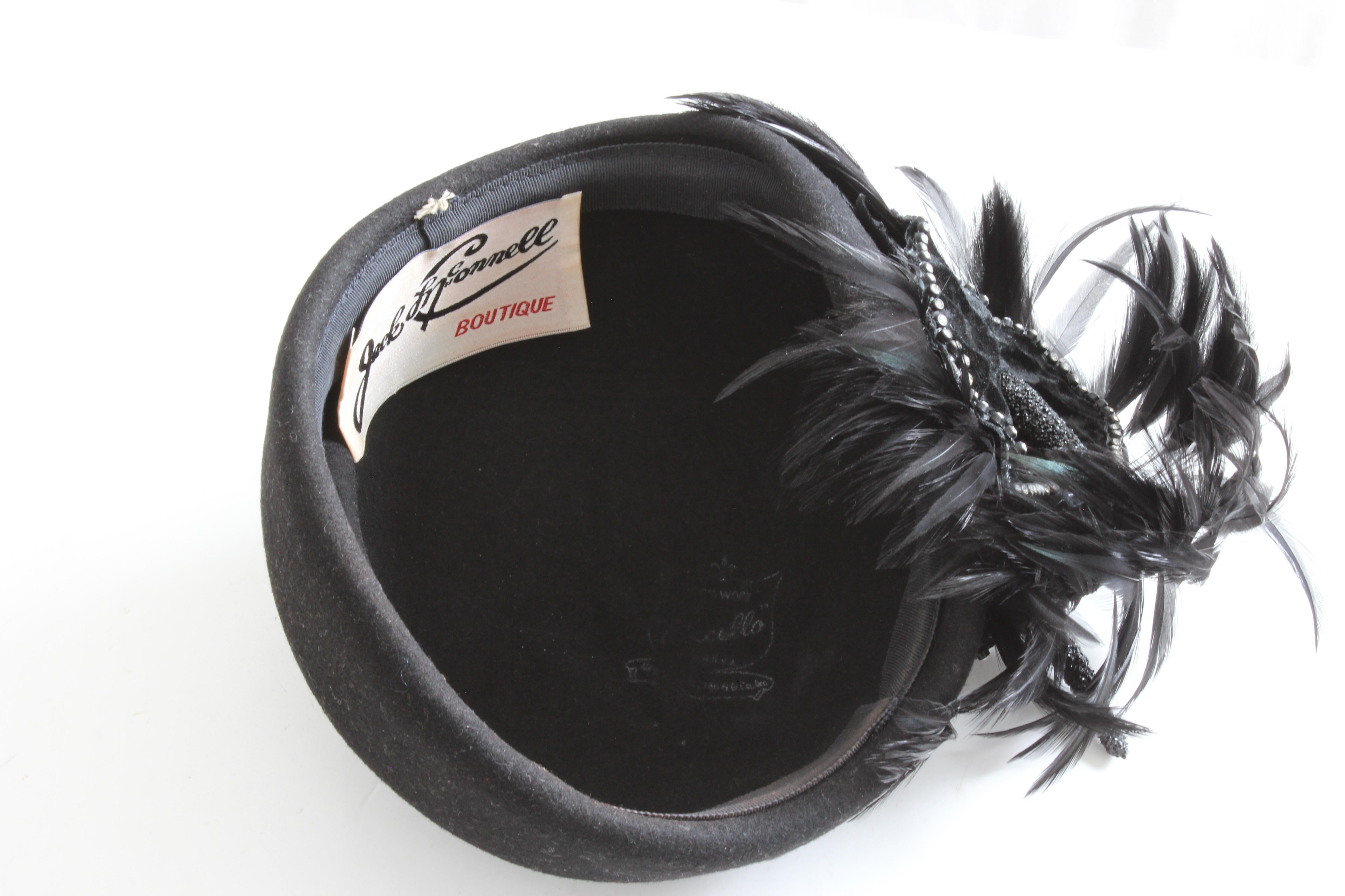 Jack McConnell Boutique Black Wool Clochette Hat with Feathers 1960s Bollman Hat 2