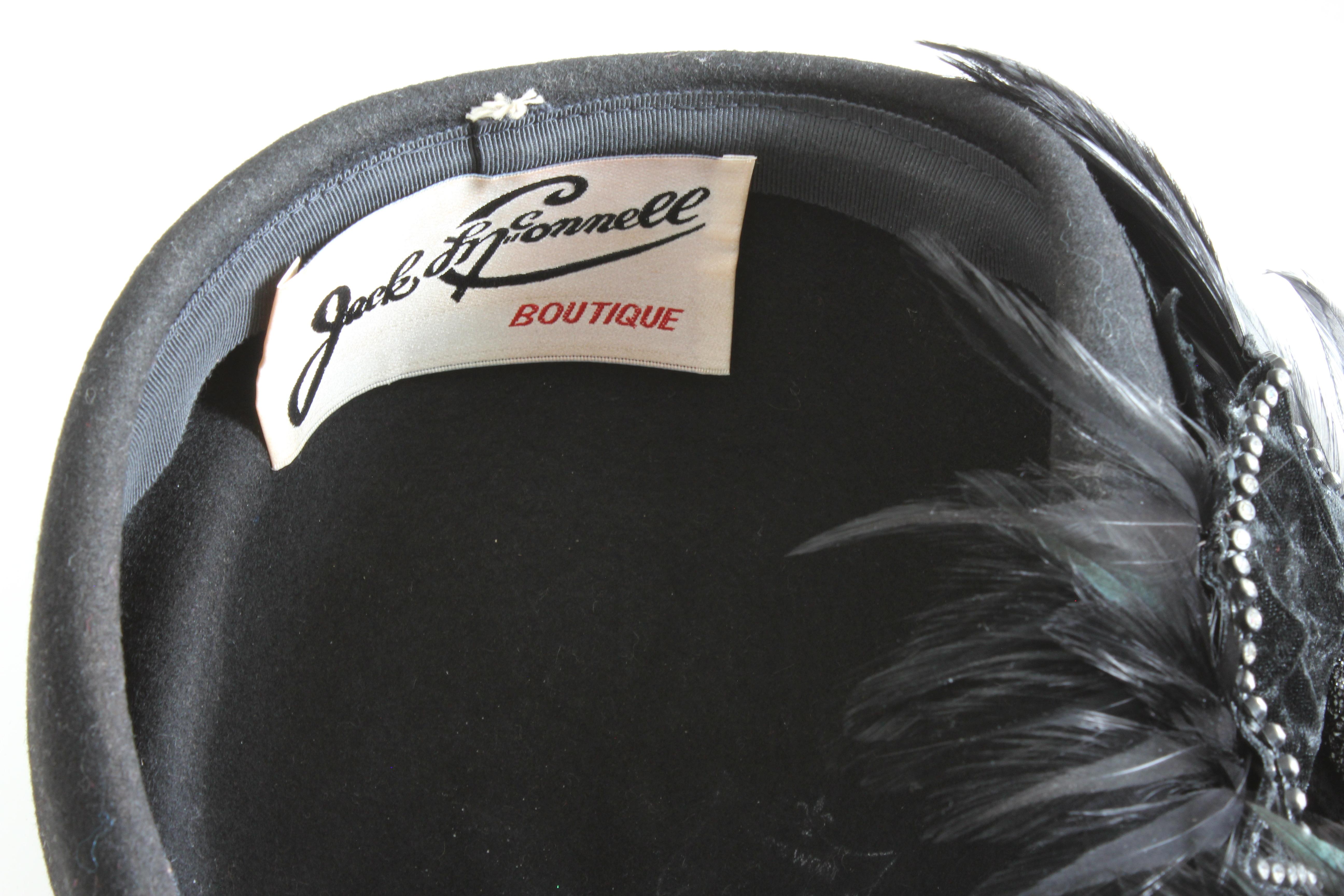Jack McConnell Boutique Black Wool Clochette Hat with Feathers 1960s Bollman Hat 4