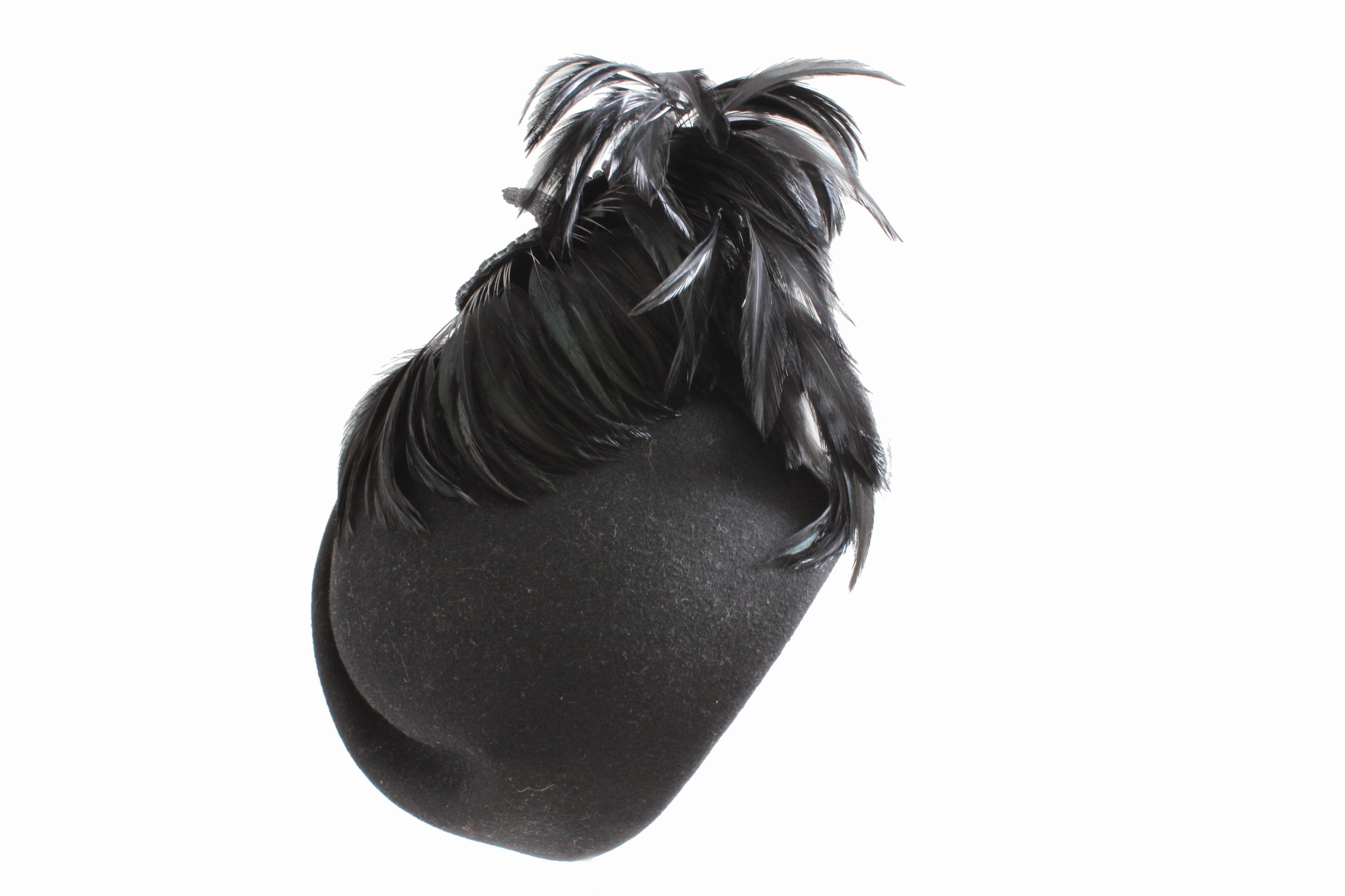 Women's Jack McConnell Boutique Black Wool Clochette Hat with Feathers 1960s Bollman Hat