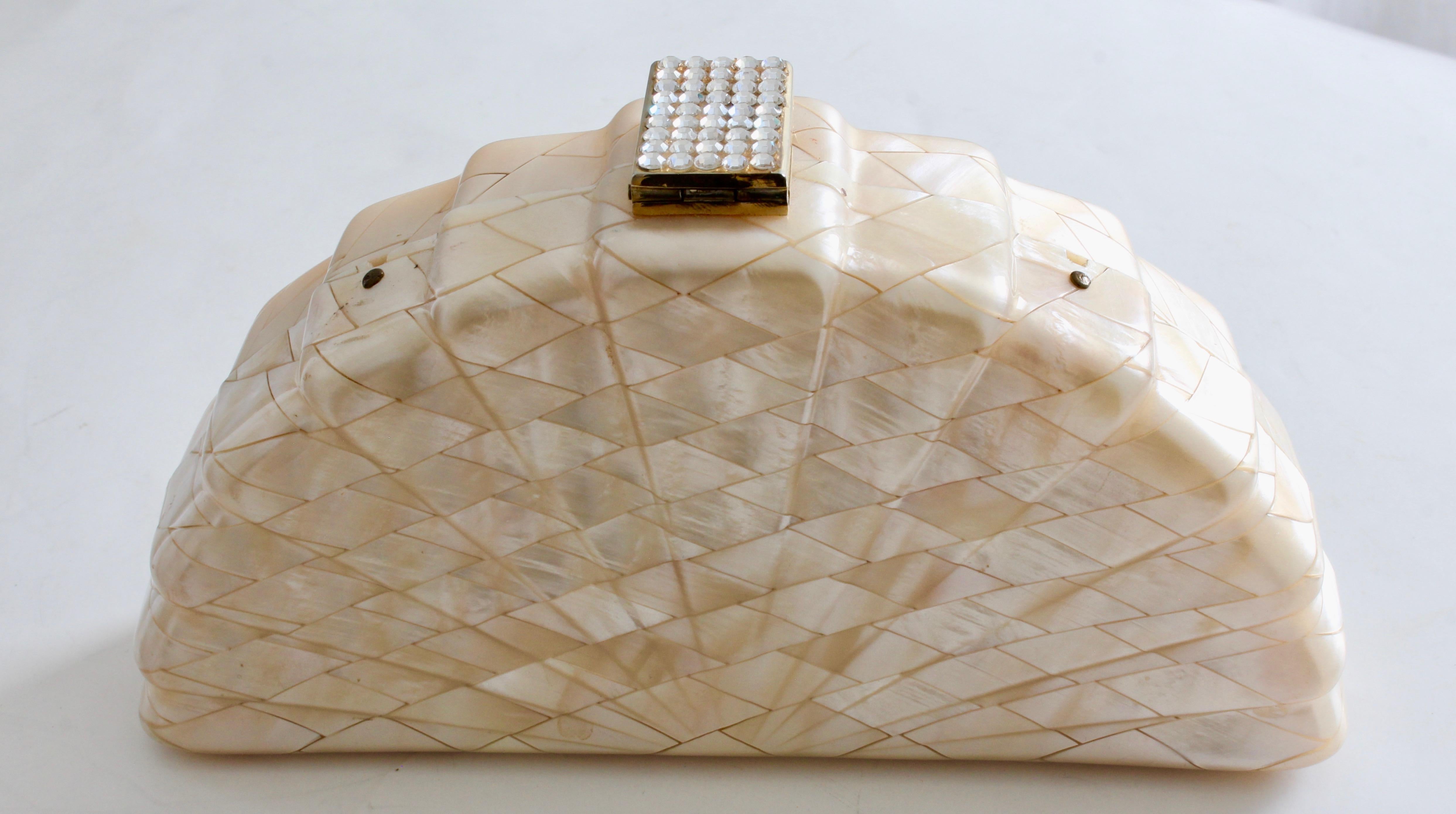 Beige Rare Saks Fifth Avenue Mosaic Clutch Evening Bag with Rhinestone Accents  1960s For Sale