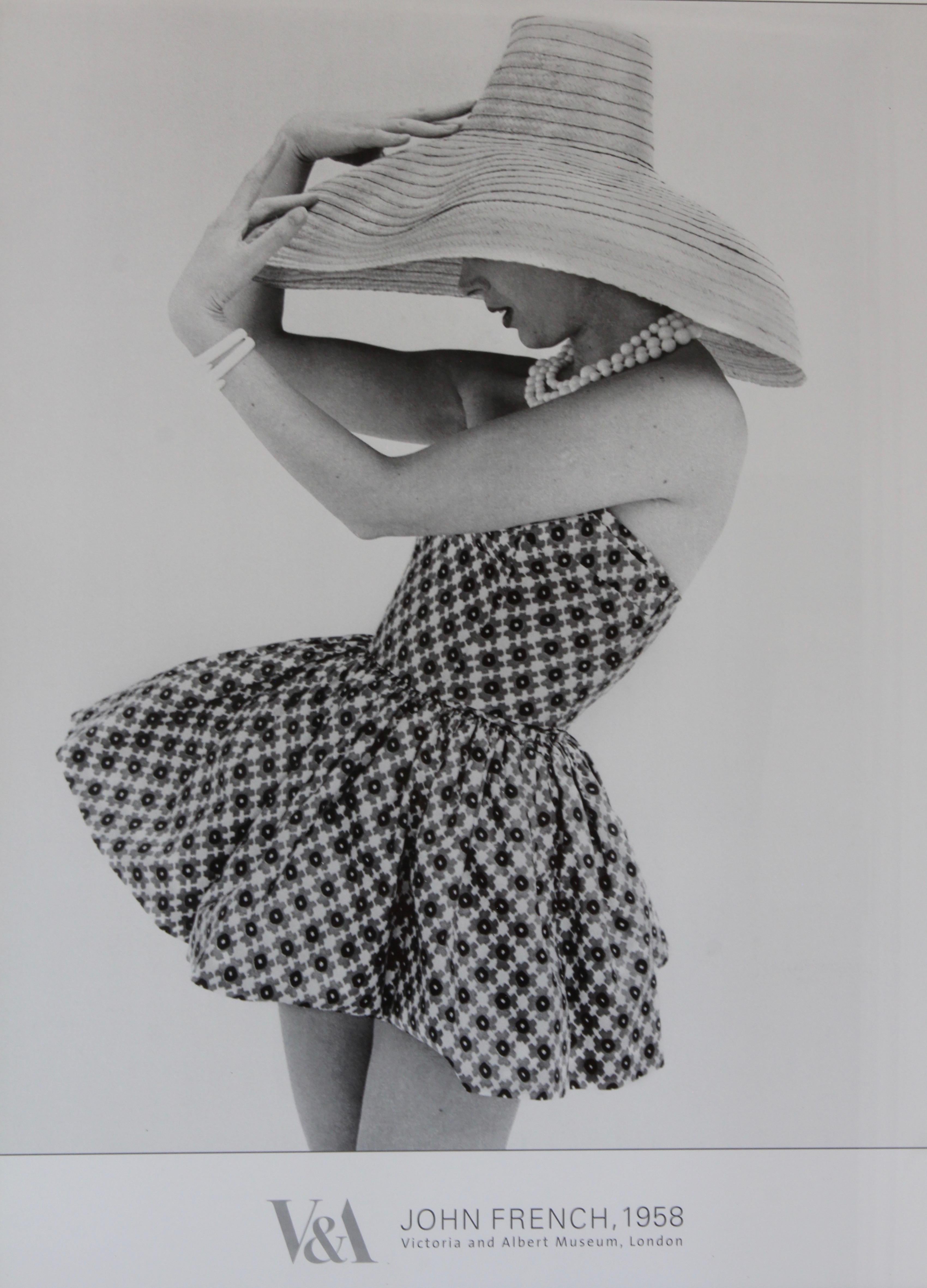 Here's a framed print from the John French fashion photography exhibit at Victoria & Albert Museum, London.  Originally photographed by John French in 1958, it features model Marla Scarafia wearing a graphic print sunsuit by Frederica.  In very good