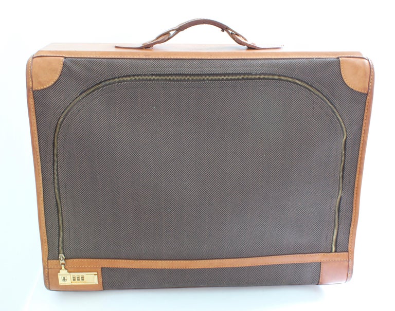 French Company Suitcase Rare Herringbone and Leather Luggage Travel Bag  24in 80s at 1stDibs