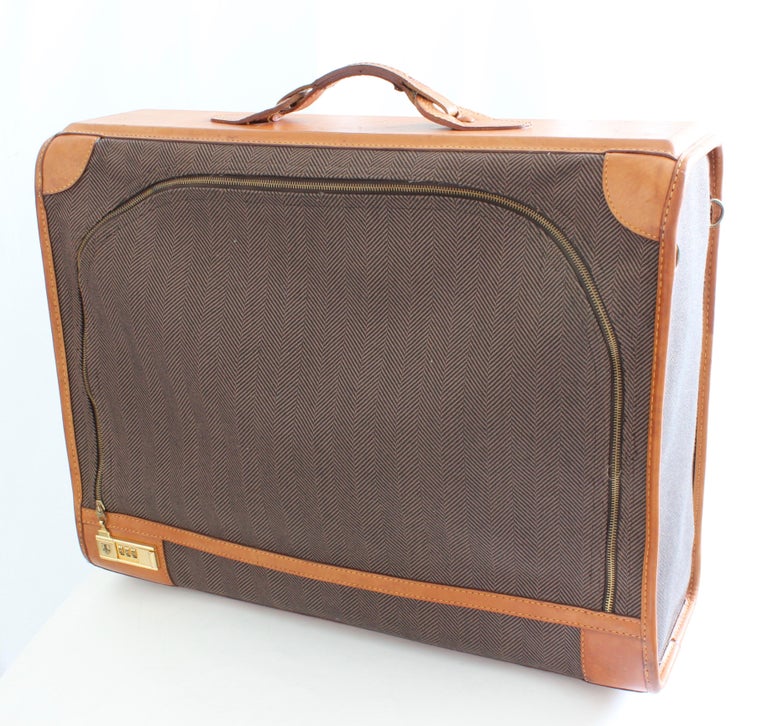 French Company Suitcase Rare Herringbone and Leather Luggage Travel Bag 24in 80s at 1stDibs