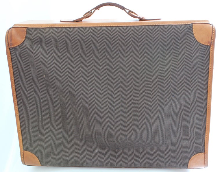 French Company Suitcase Rare Herringbone and Leather Luggage Travel Bag