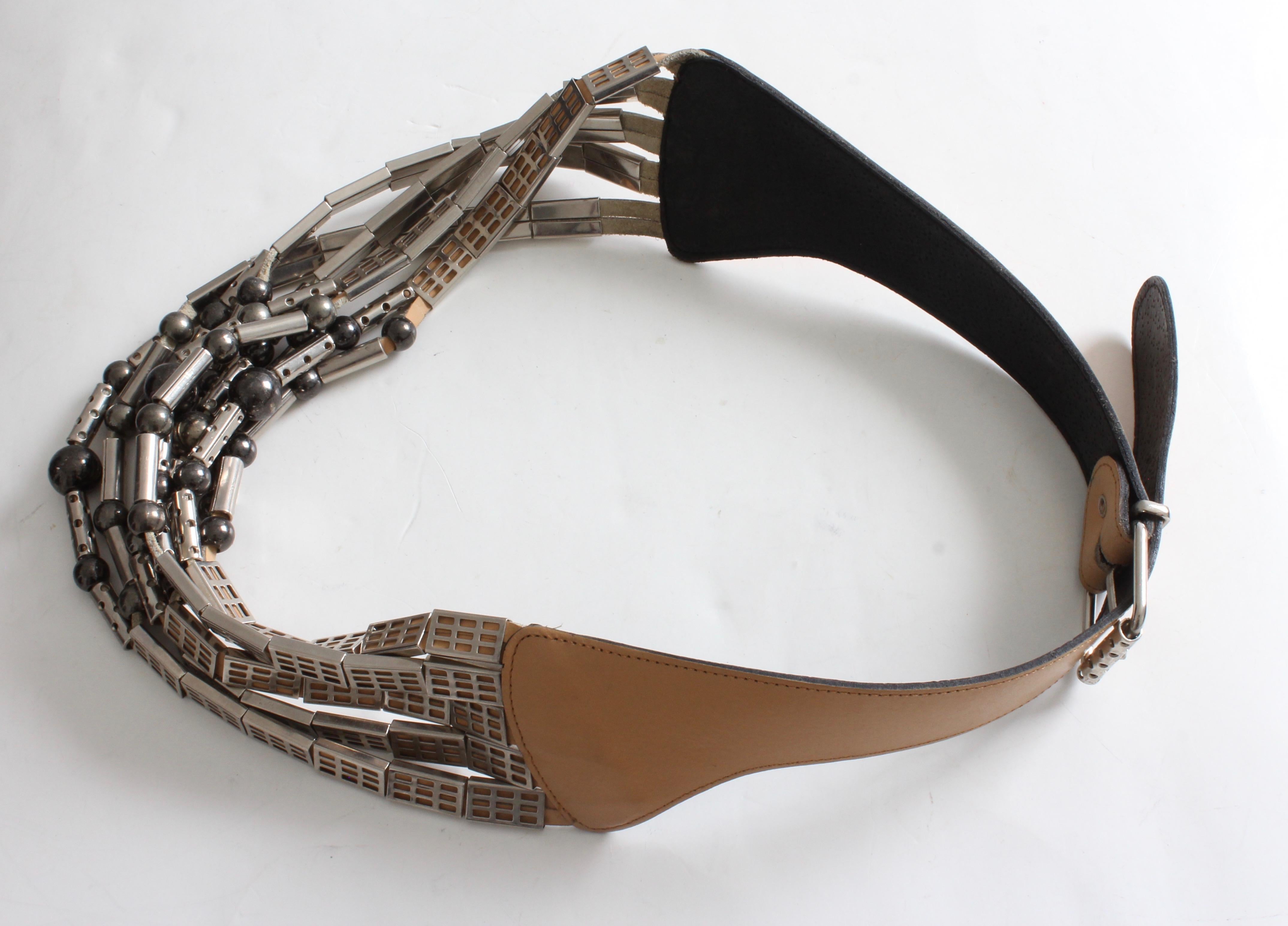 Women's Avignon Spain Modernist Silver Multi-Chain and Leather Statement Belt  