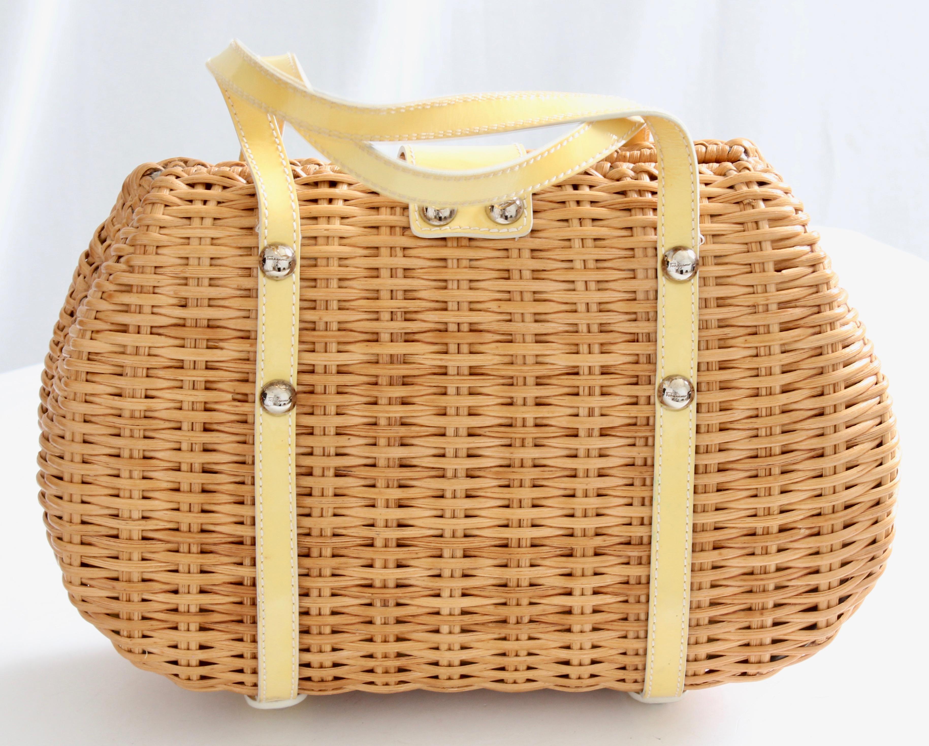 Beige Salvatore Ferragamo Wicker Bag with Yellow Patent Leather Trim
