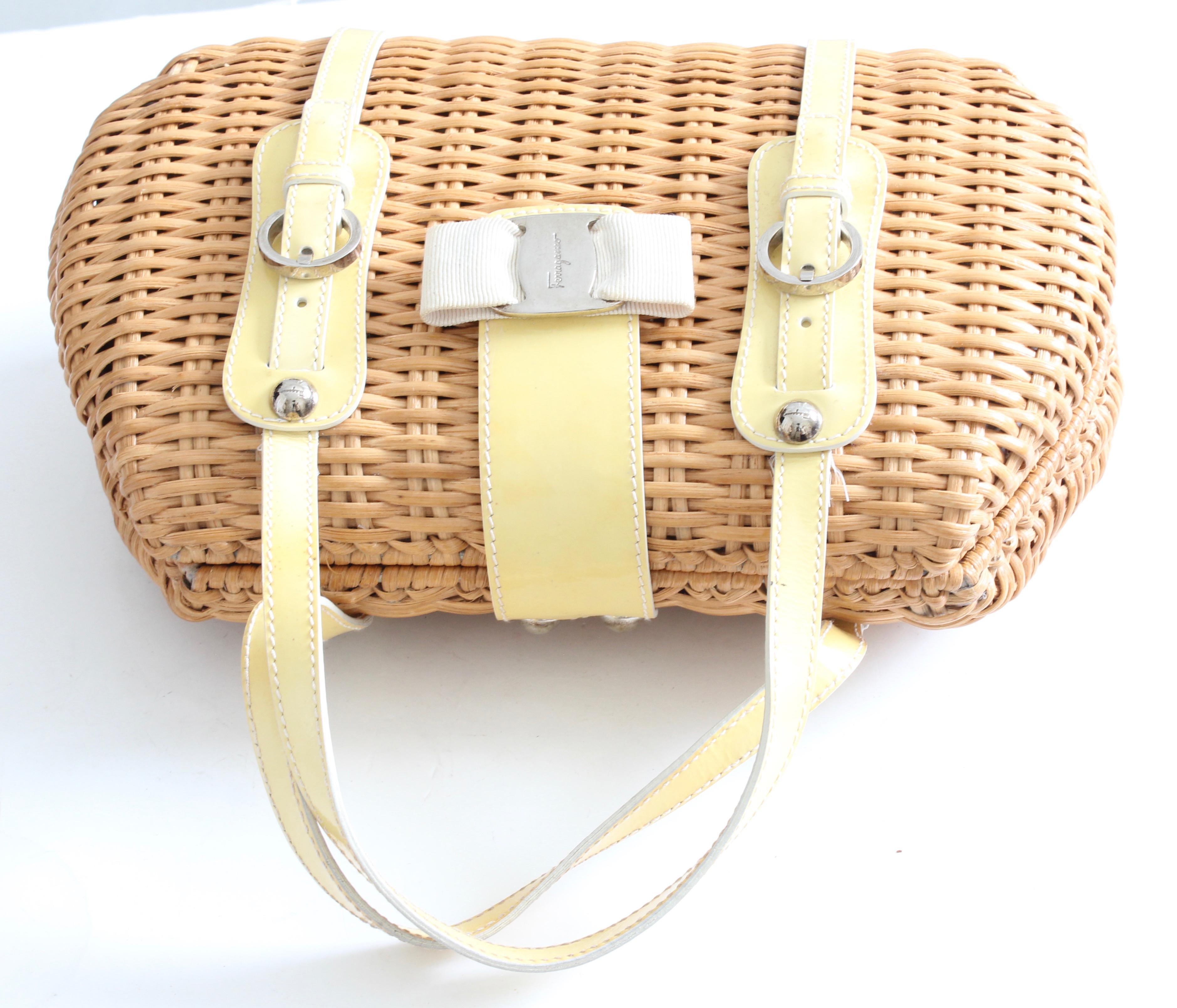 Salvatore Ferragamo Wicker Bag with Yellow Patent Leather Trim In Good Condition In Port Saint Lucie, FL