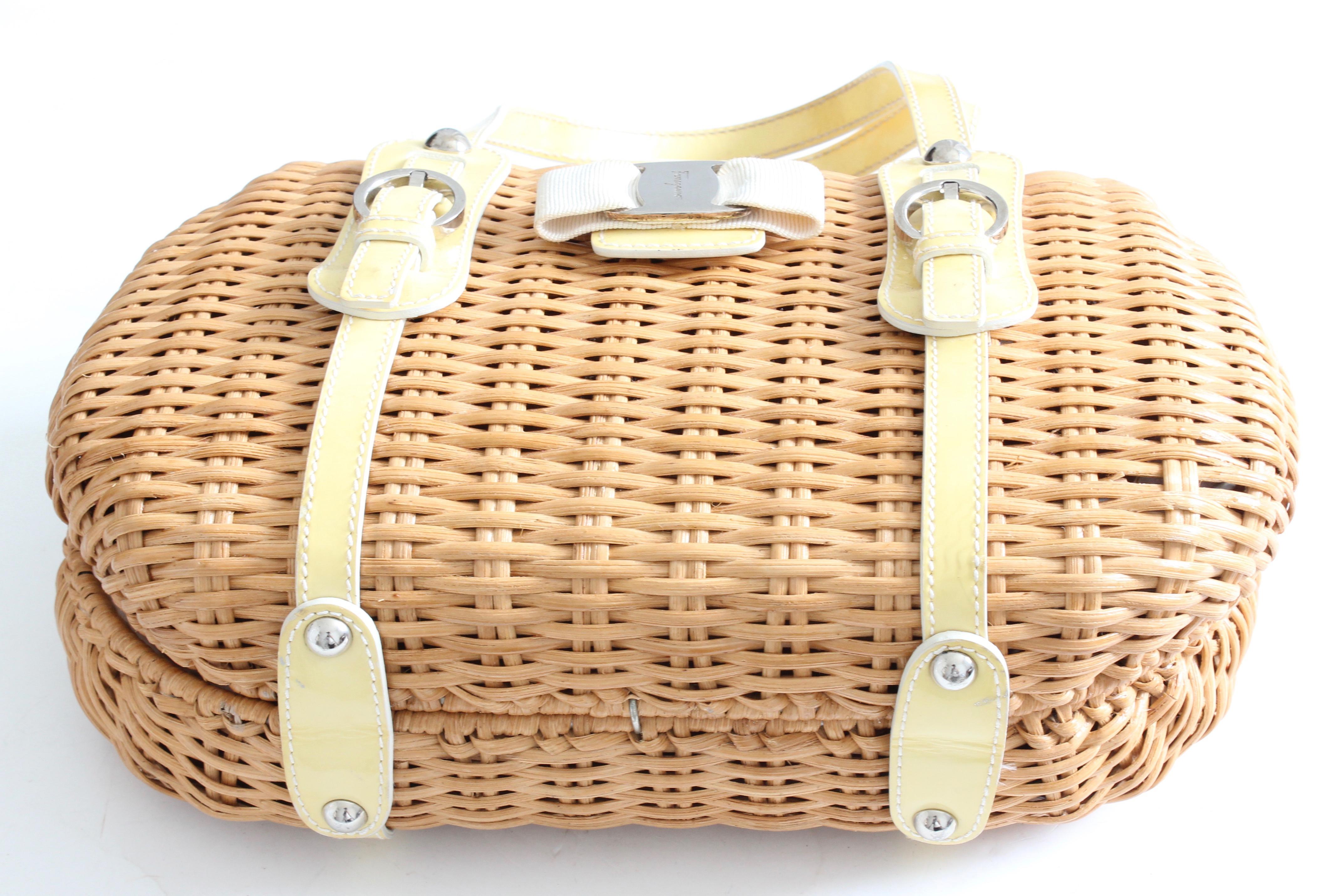 Women's Salvatore Ferragamo Wicker Bag with Yellow Patent Leather Trim