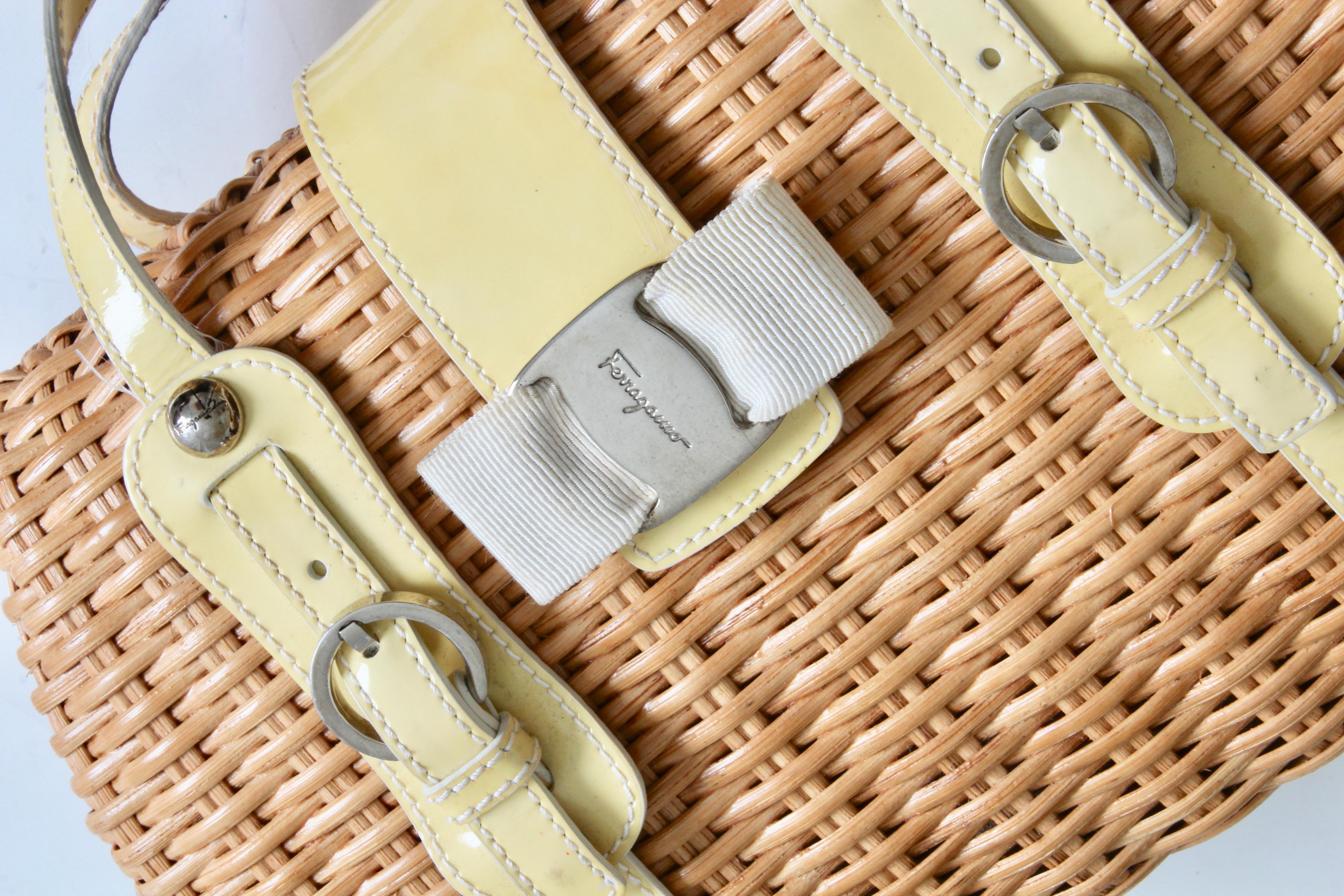 Salvatore Ferragamo Wicker Bag with Yellow Patent Leather Trim 2