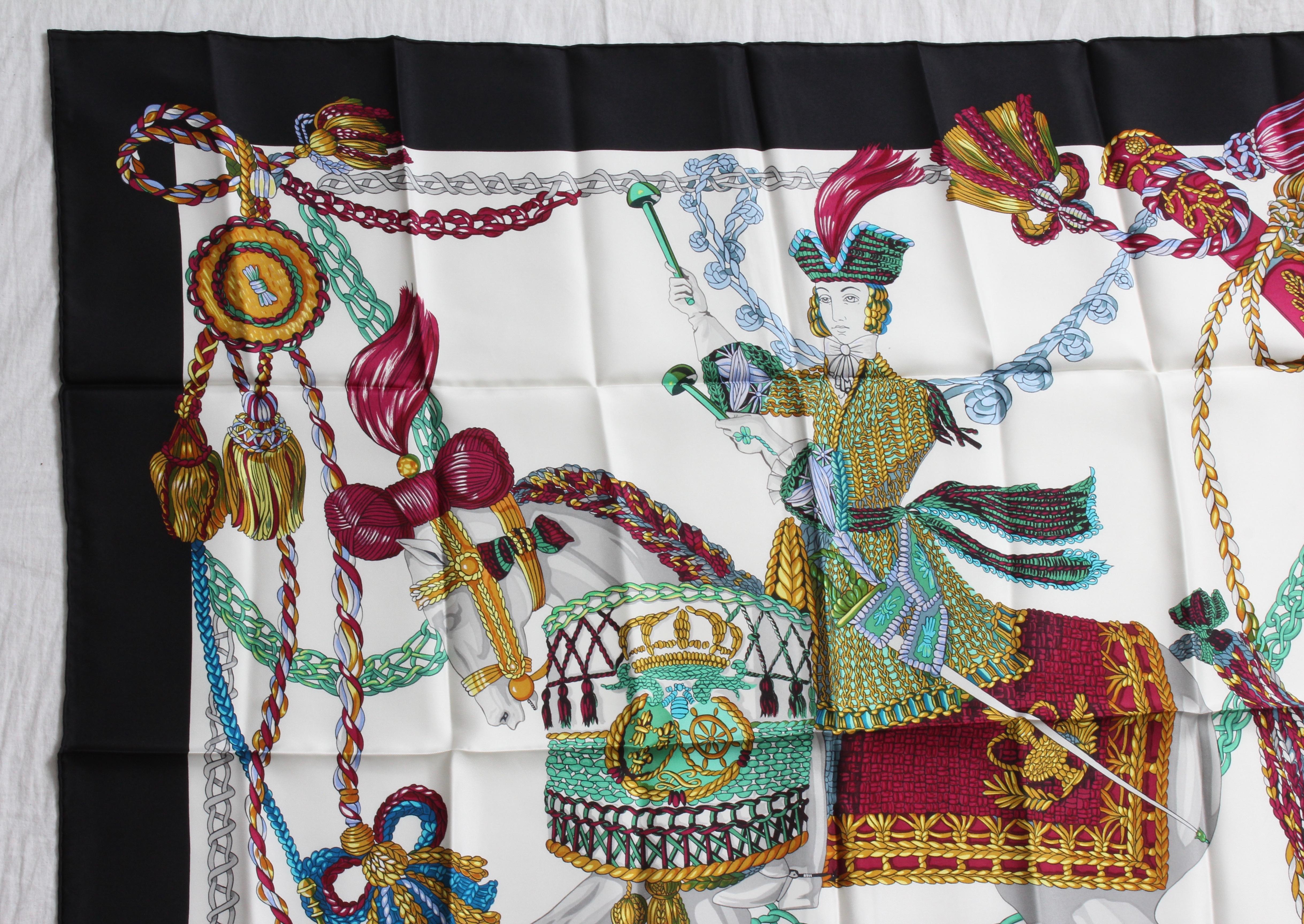 Black Hermes Silk Twill Scarf 90cm Le Timbalier by Francoise Heron New in Box 2001