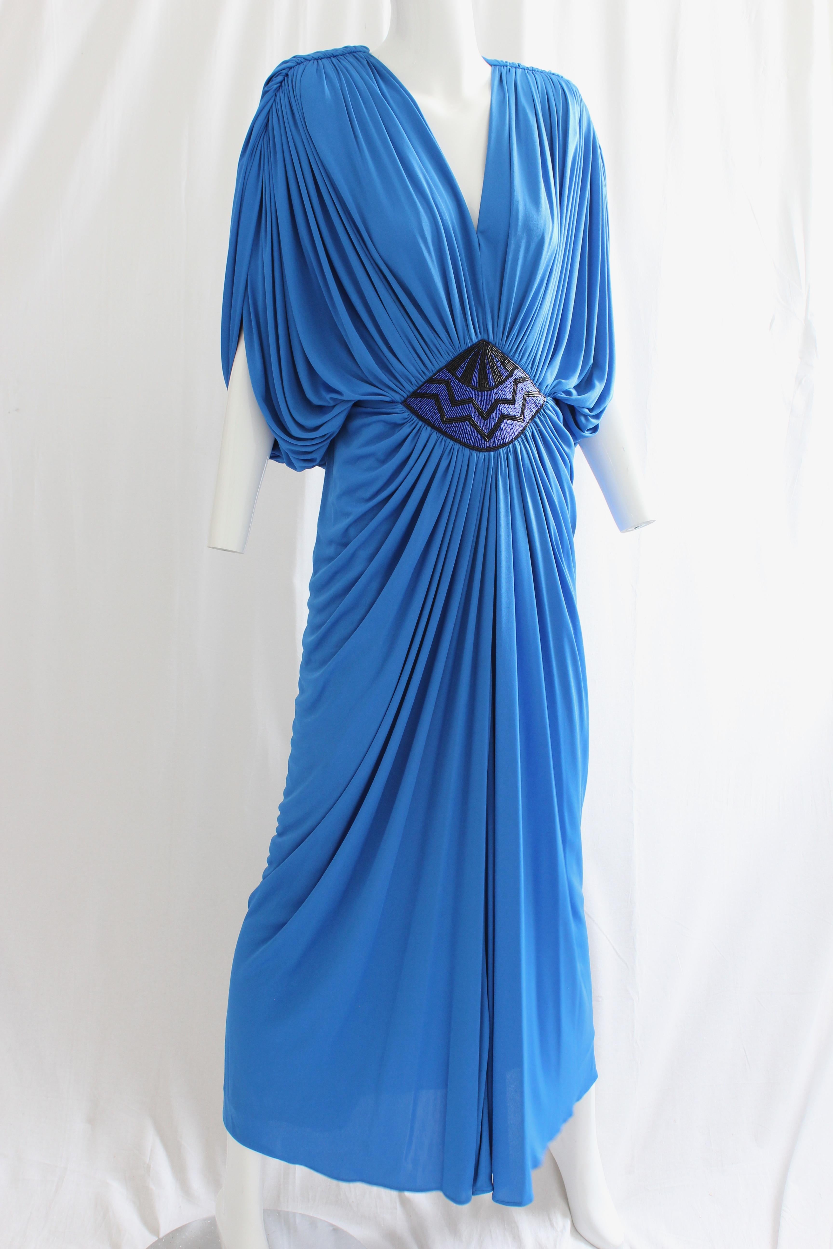 Blue Tadashi Early Draped Cerulean Goddess Evening Gown With Embellished Waist 