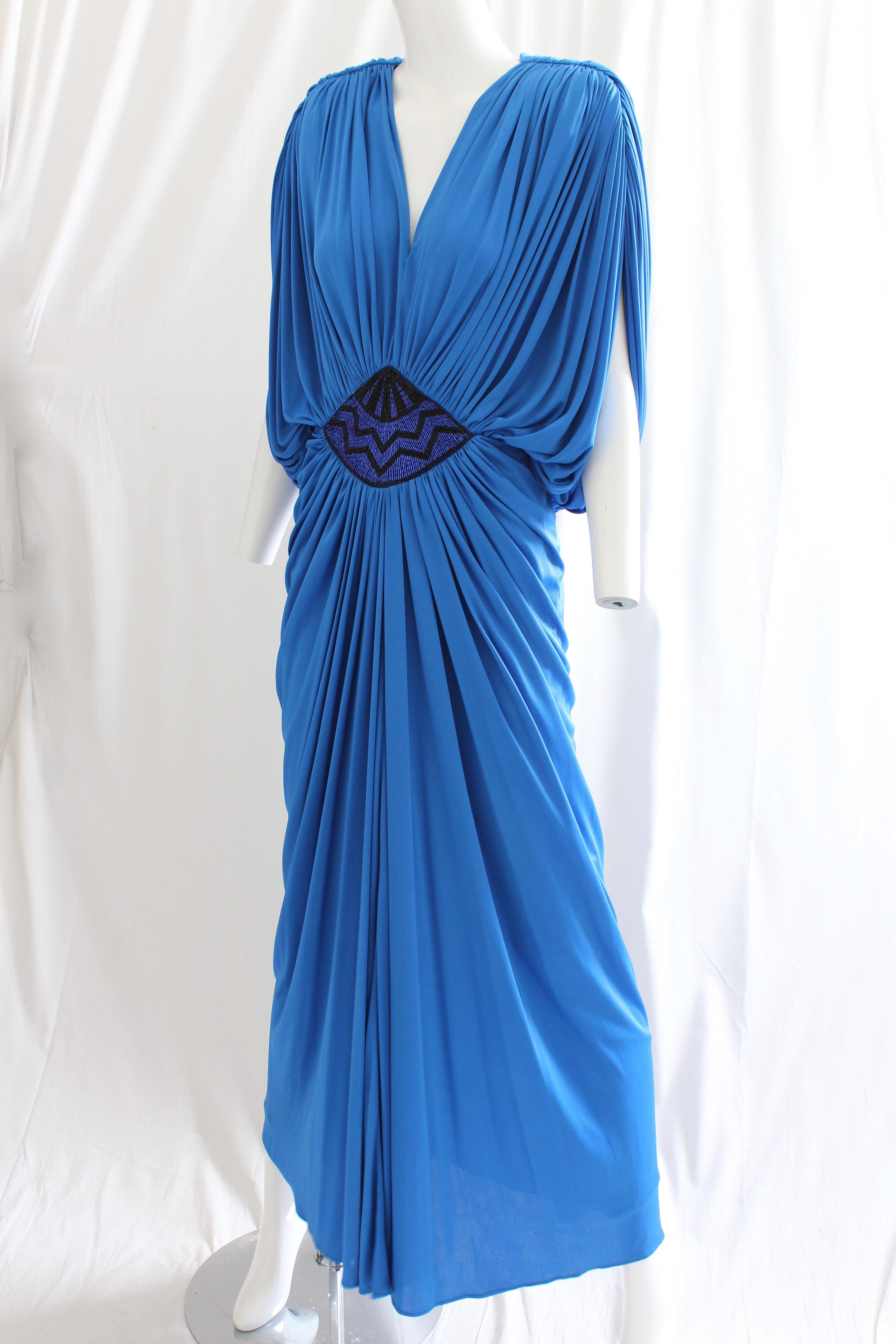 Tadashi Early Draped Cerulean Goddess Evening Gown With Embellished Waist In Good Condition In Port Saint Lucie, FL