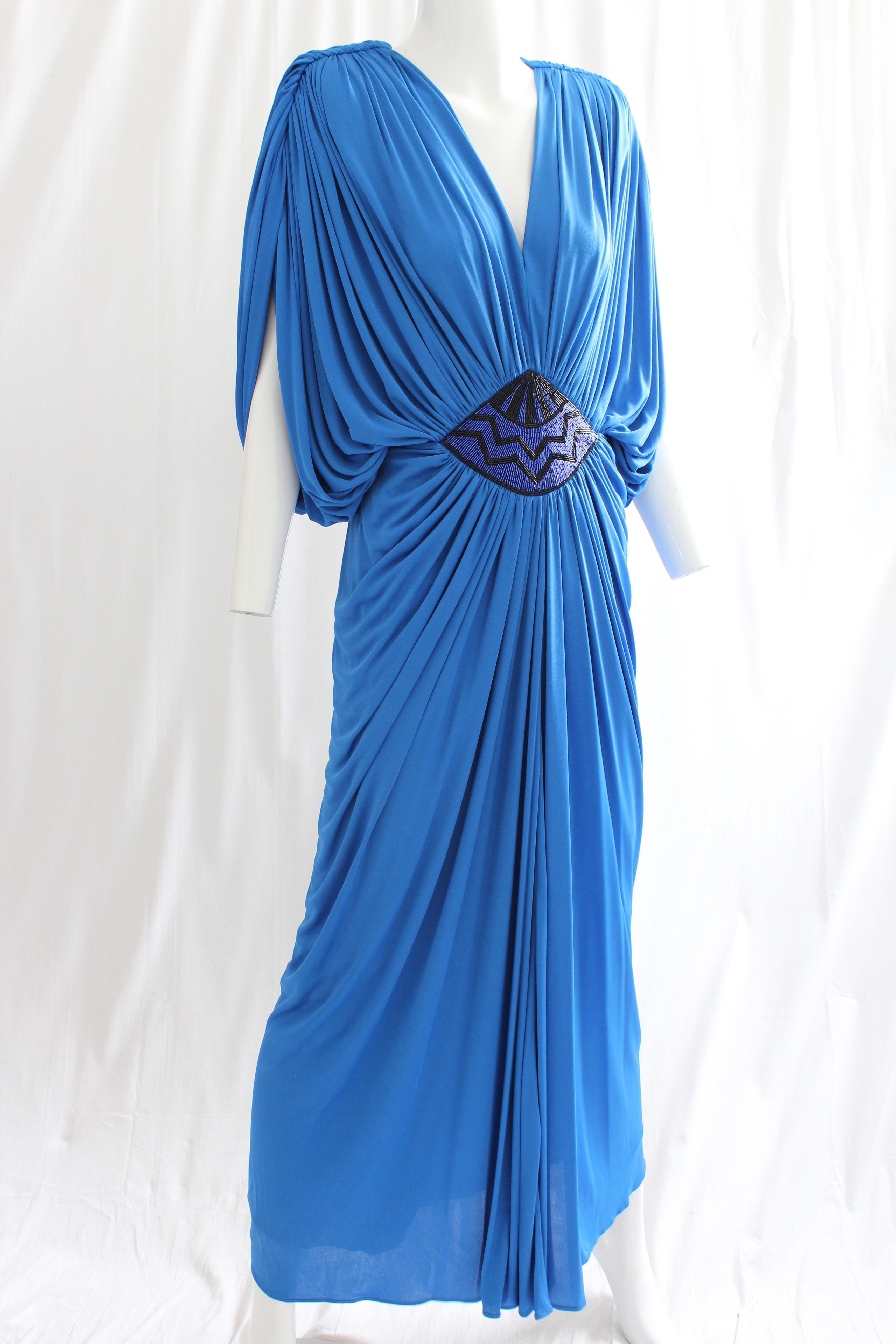 Tadashi Early Draped Cerulean Goddess Evening Gown With Embellished Waist  1