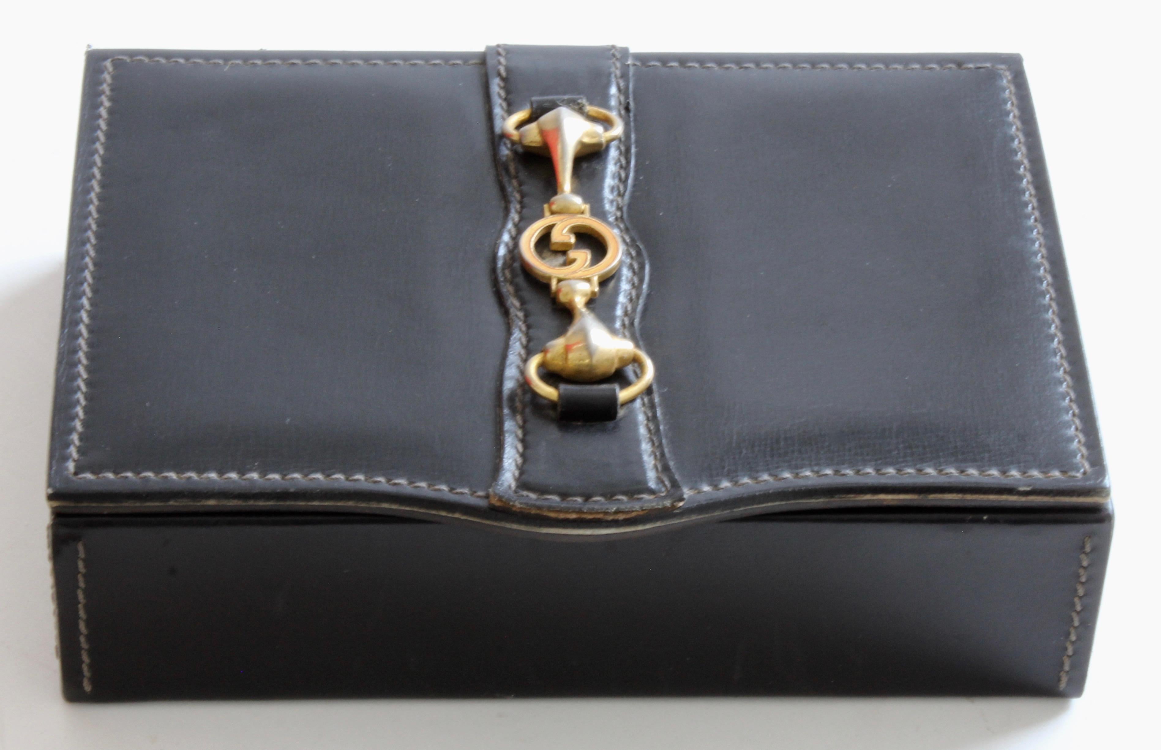 Vintage Gucci Black Leather Jewelry Case Trinket Box Equestrian Motif Horse Bit 2