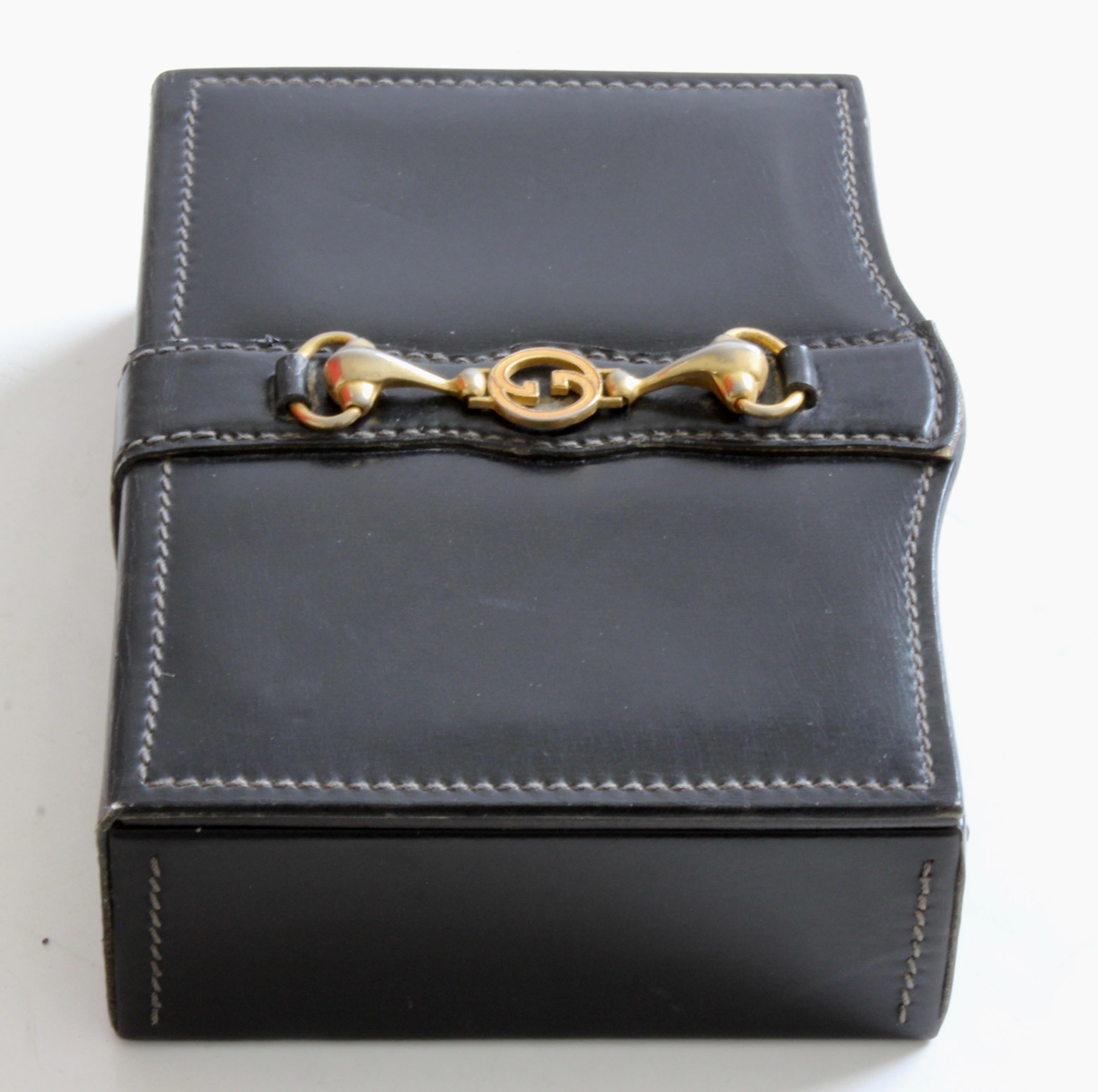 Women's or Men's Vintage Gucci Black Leather Jewelry Case Trinket Box Equestrian Motif Horse Bit