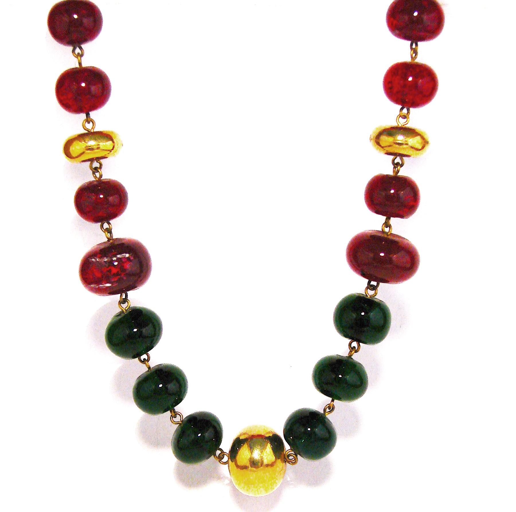 Vintage Chanel Beaded Necklace Red & Green Poured Glass Goossens 1970s  3