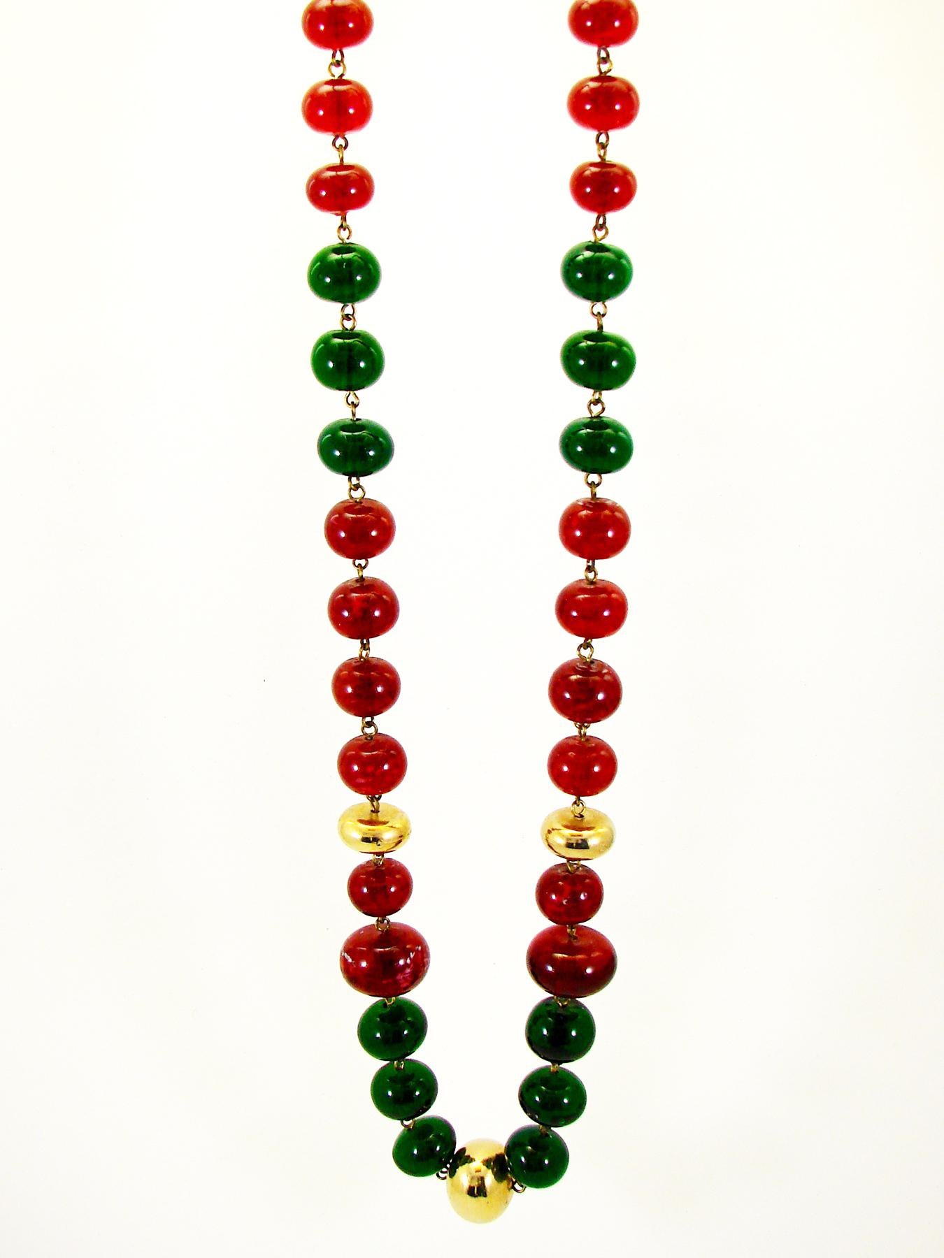 Women's or Men's Vintage Chanel Beaded Necklace Red & Green Poured Glass Goossens 1970s 